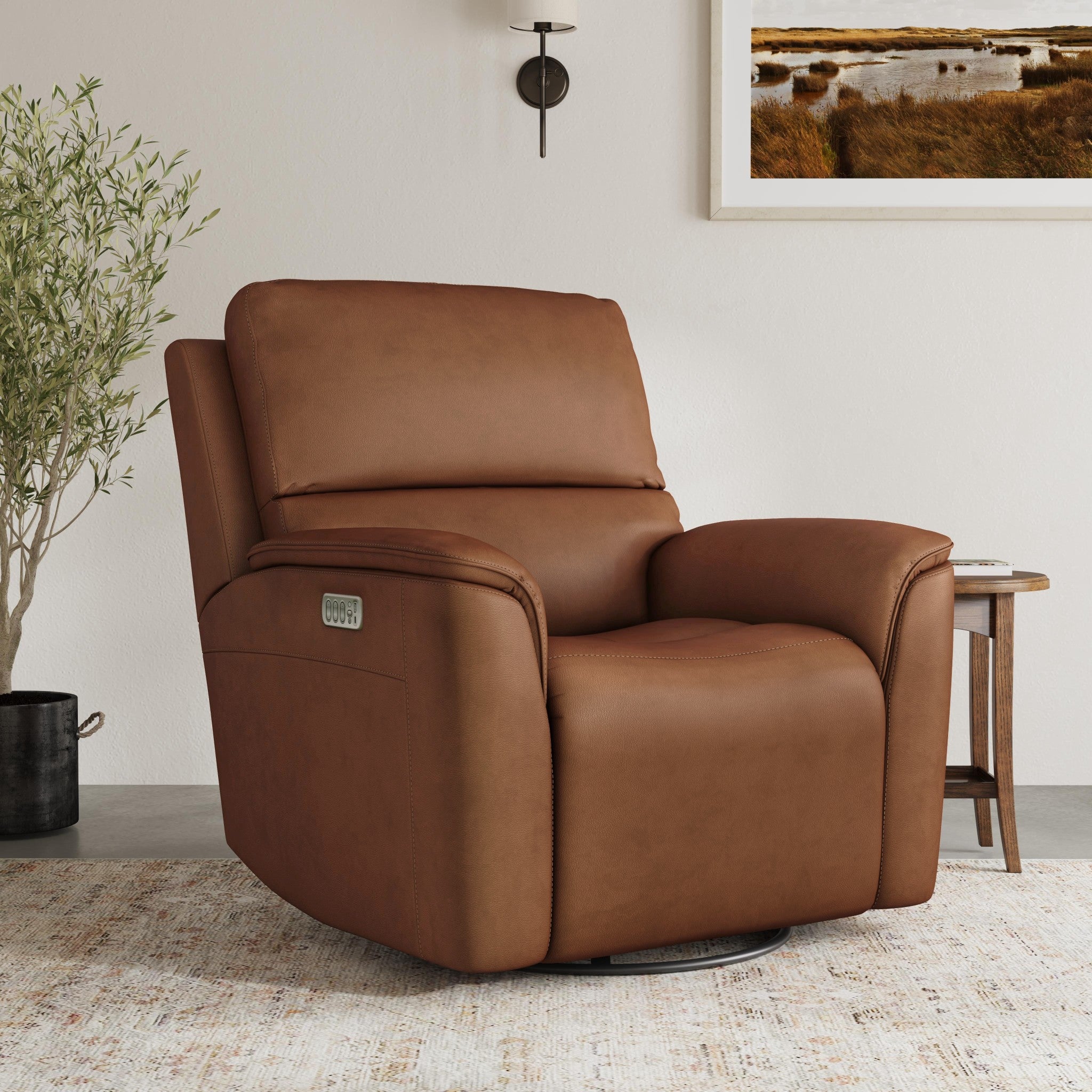 Henry Caramel Leather Power Swivel Gliding Recliner with Power Headrest, Lumbar, Heat & Massage