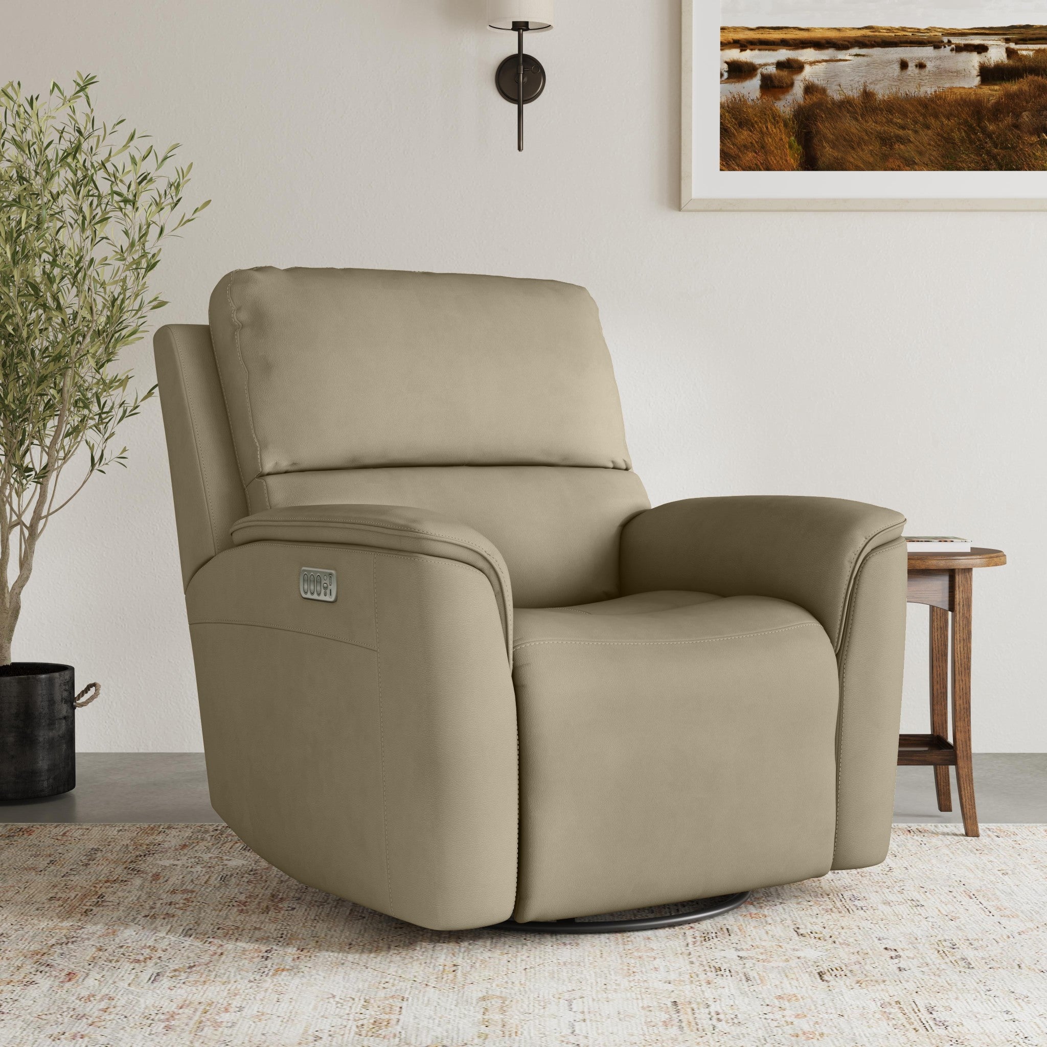 Henry Beige Leather Power Swivel Gliding Recliner with Power Headrest, Lumbar, Heat & Massage