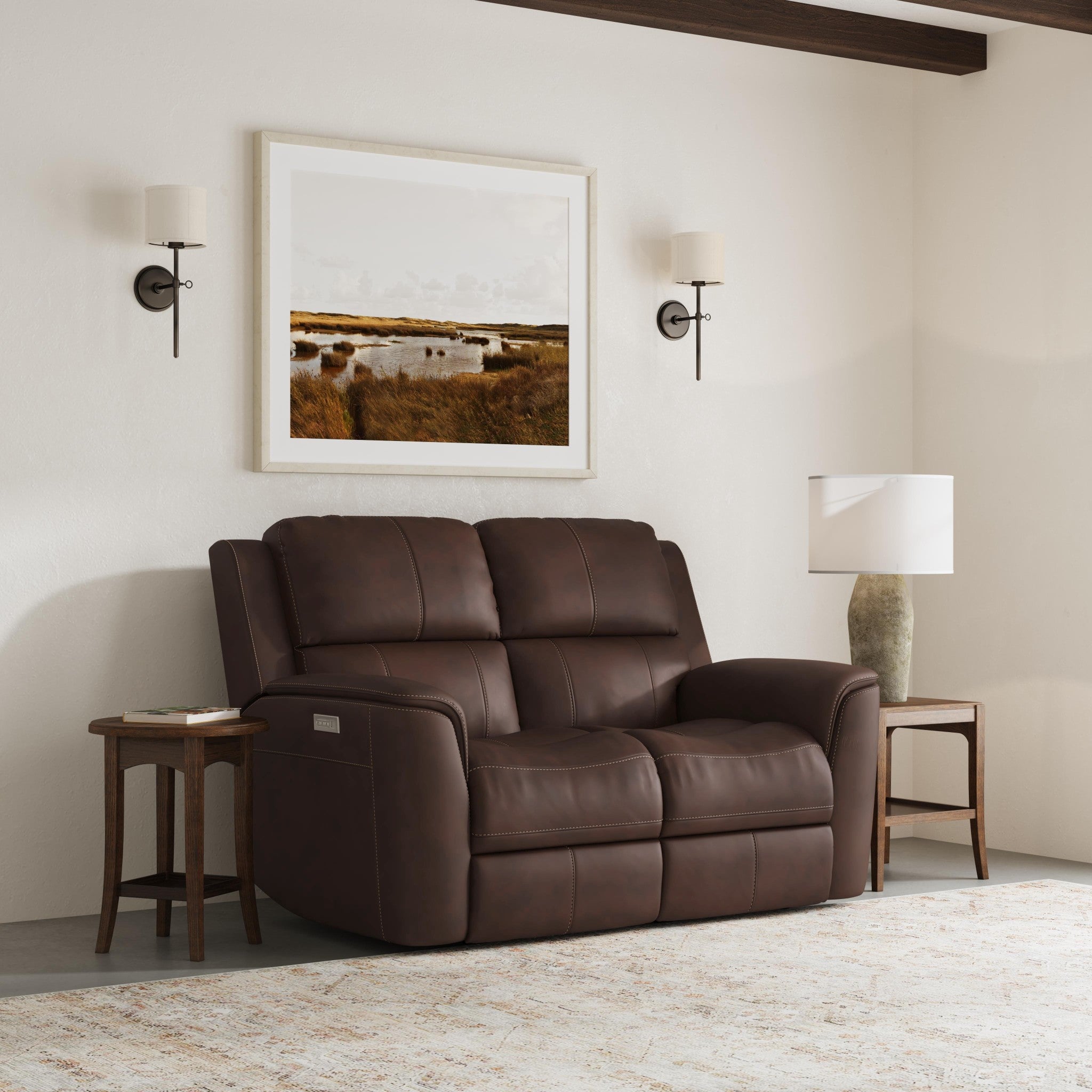 Henry Burnt Umber Leather Power Reclining Loveseat with Power Headrests & Lumbar