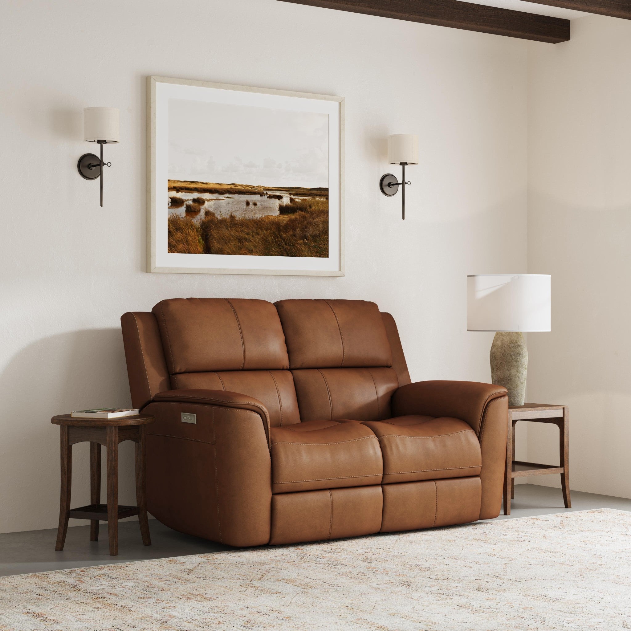 Henry Caramel Leather Power Reclining Loveseat with Power Headrests & Lumbar