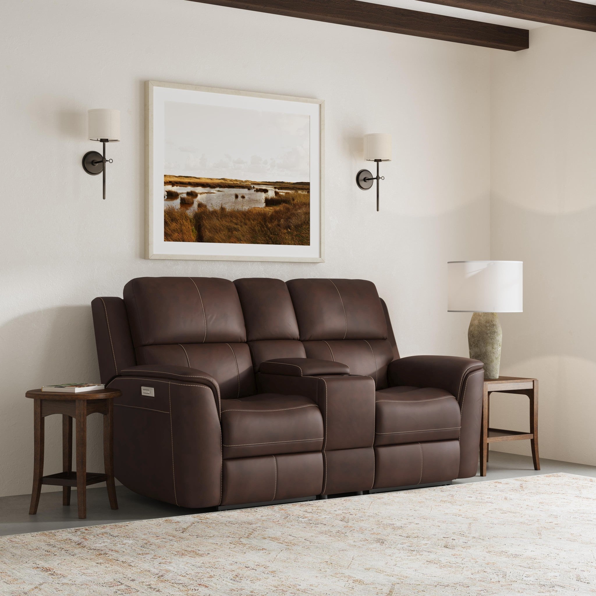 Henry Burnt Umber Leather Power Reclining Loveseat with Console & Power Headrests & Lumbar