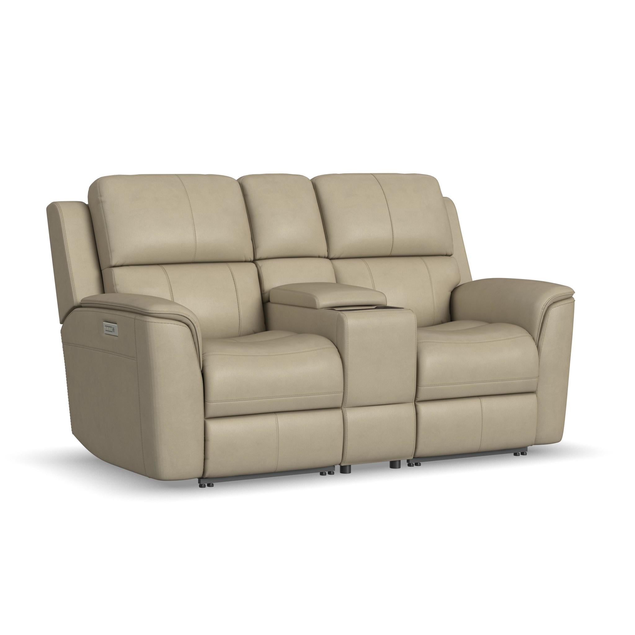 Henry Beige Leather Power Reclining Loveseat with Console & Power Headrests & Lumbar