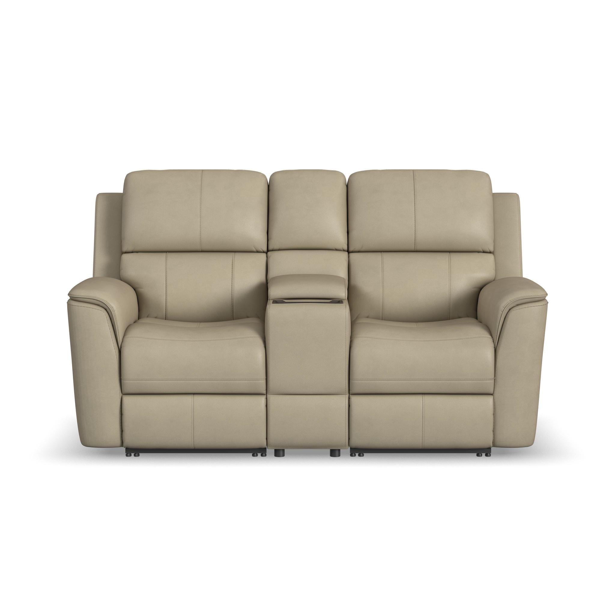 Henry Beige Leather Power Reclining Loveseat with Console & Power Headrests & Lumbar