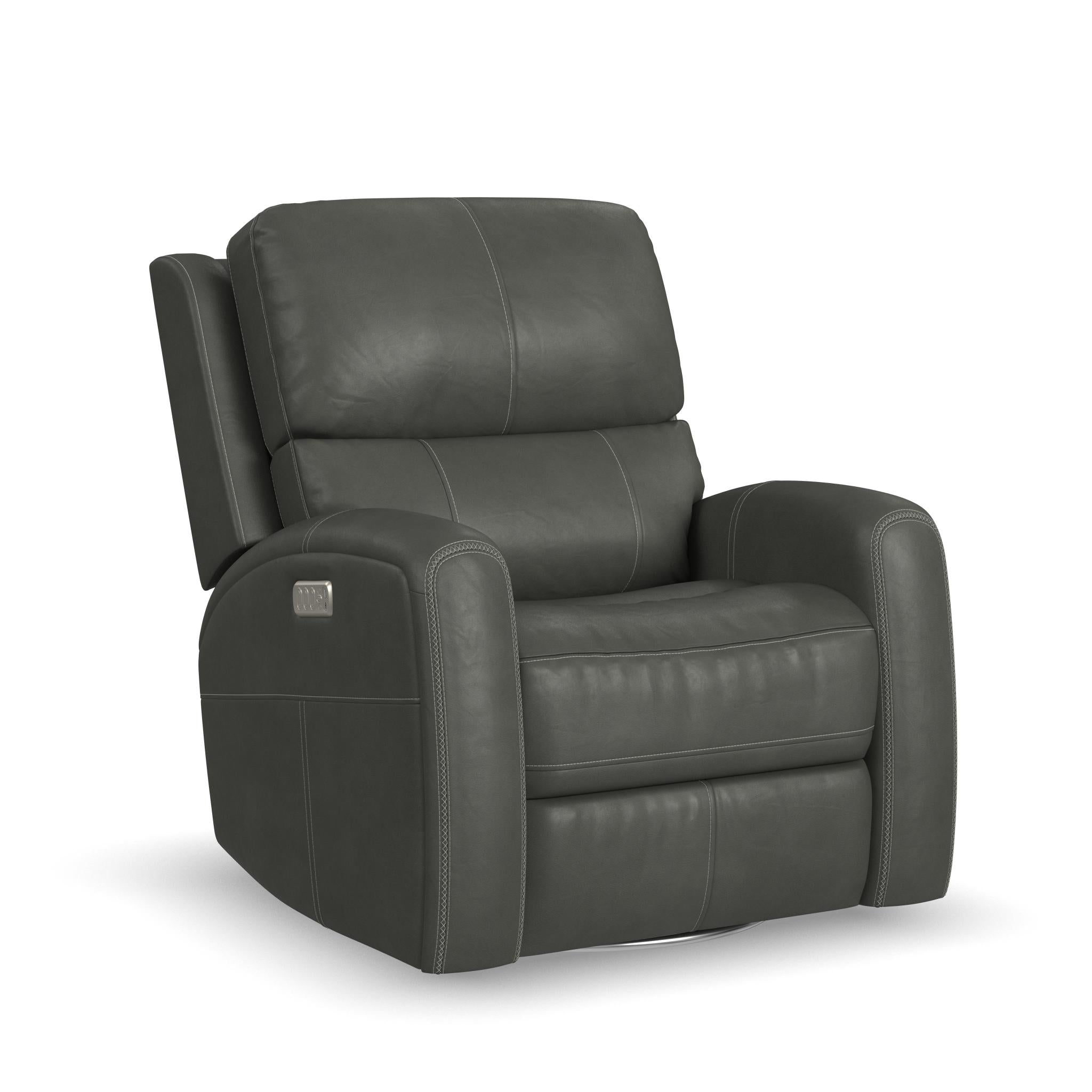 Linden Charcoal Leather Power Swivel Gliding Recliner with Power Headrest, Lumbar, Heat & Massage