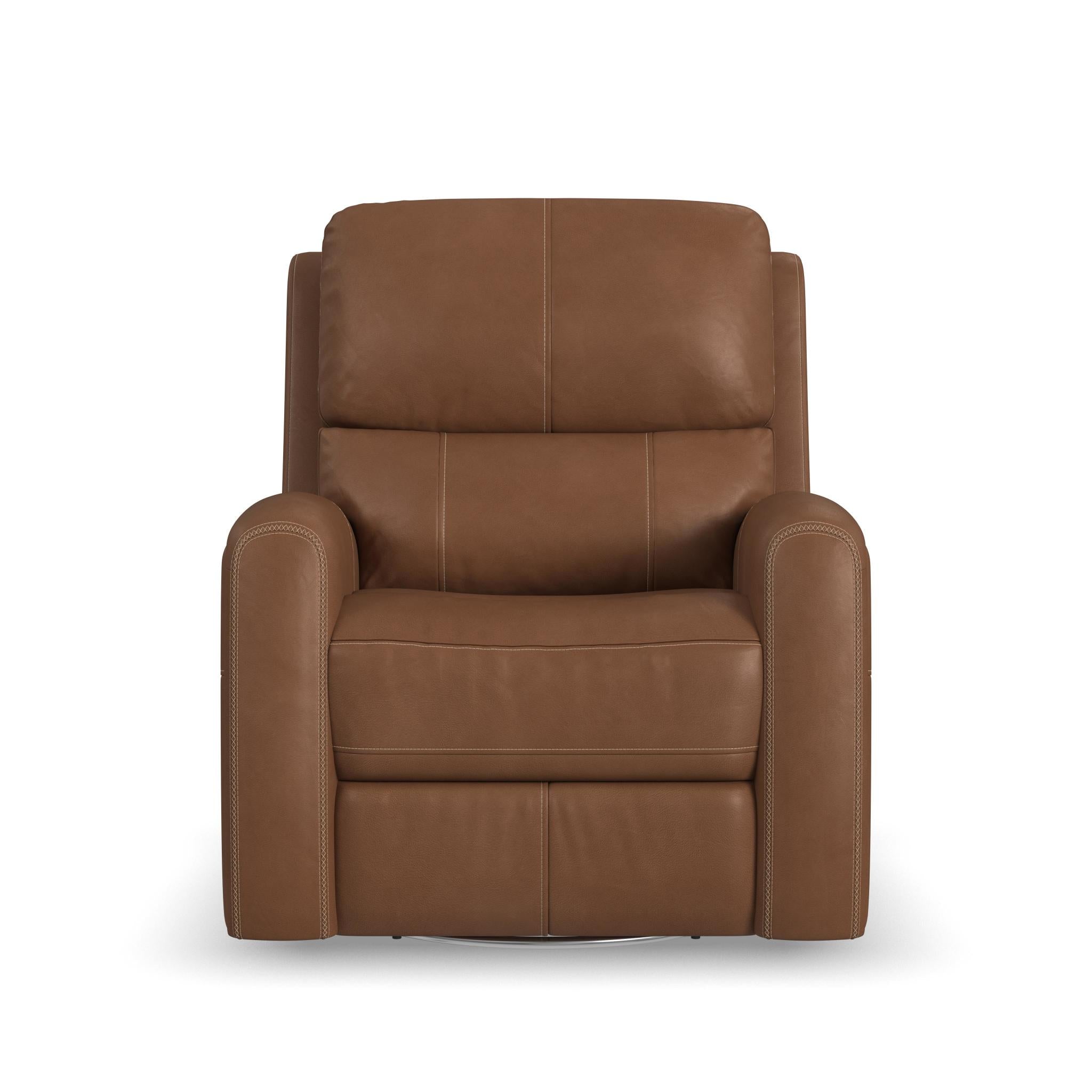 Linden Caramel Leather Power Swivel Gliding Recliner with Power Headrest, Lumbar, Heat & Massage