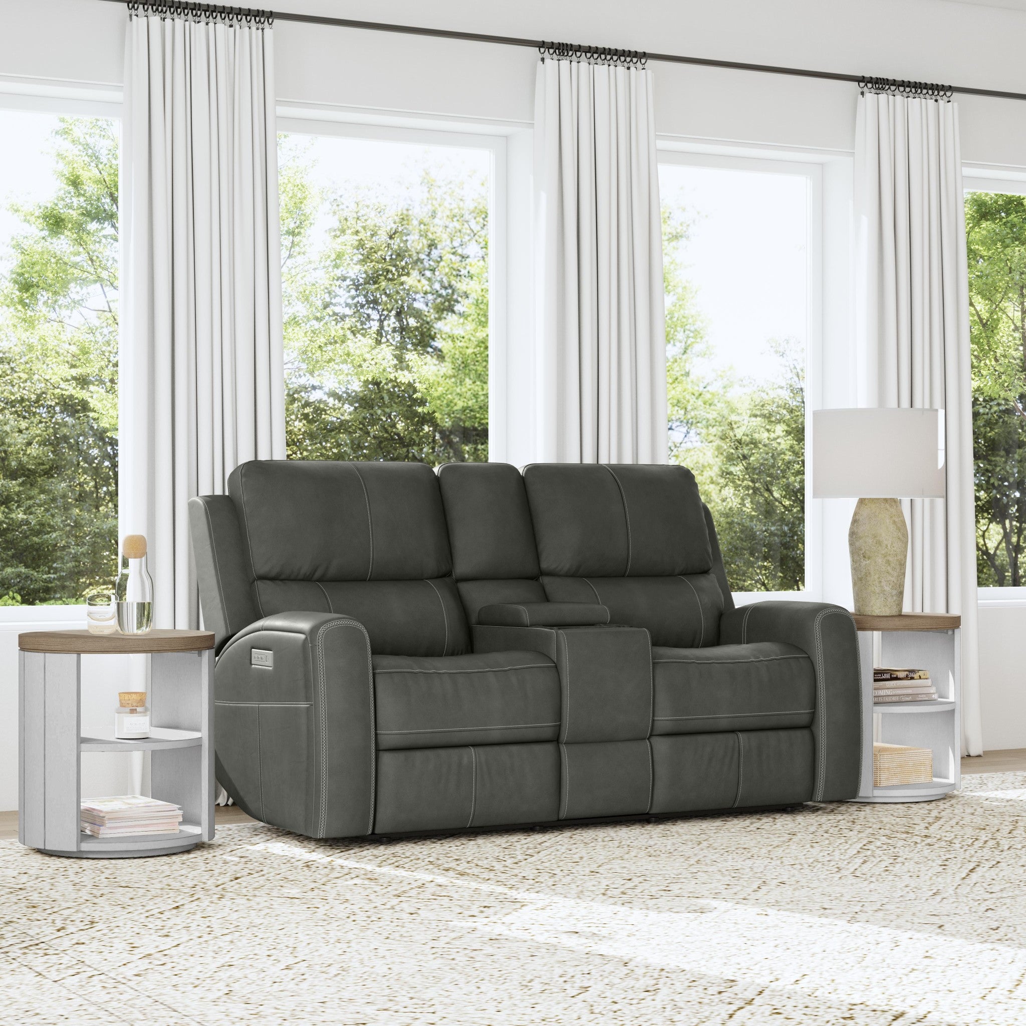 Linden Leather Power Reclining Loveseat with Console & Power Headrests & Lumbar