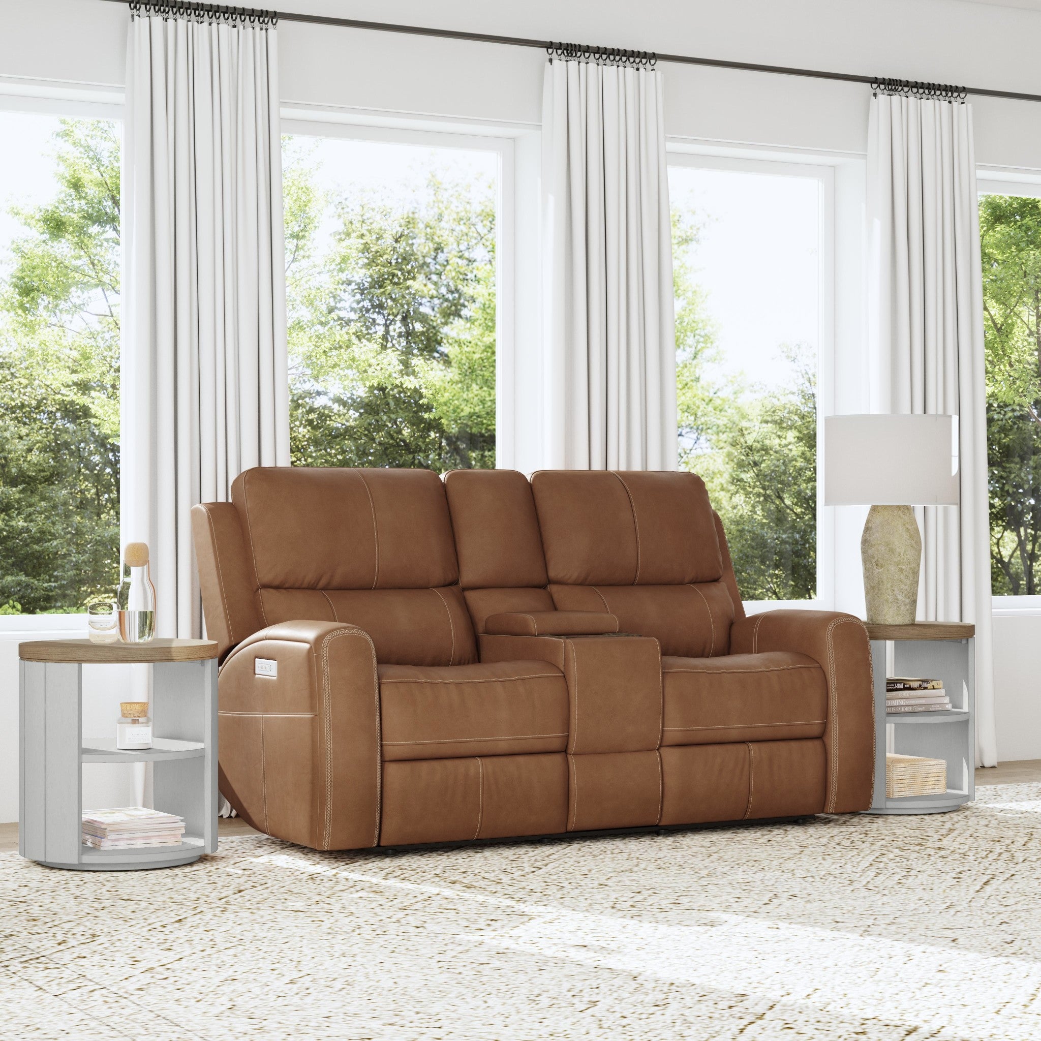 Linden Leather Power Reclining Loveseat with Console & Power Headrests & Lumbar