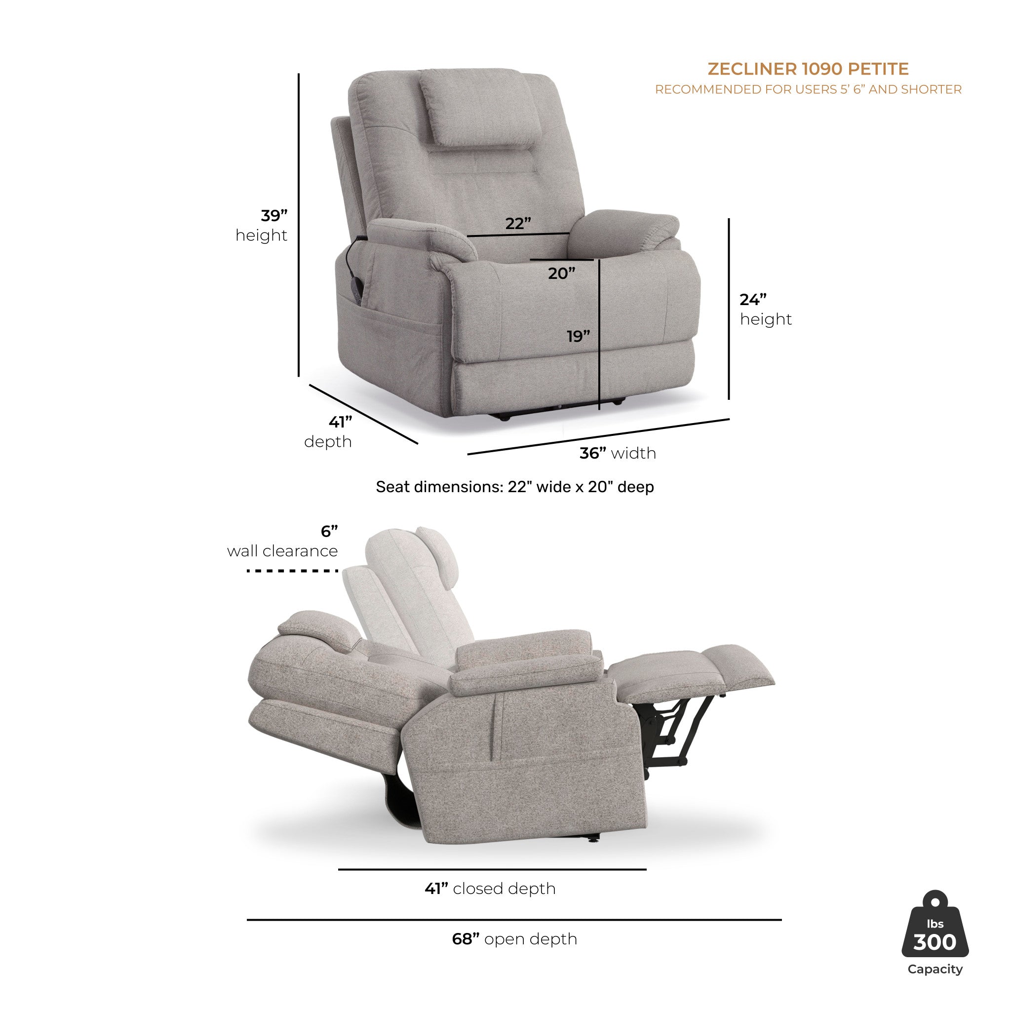 Zecliner Model 2 Petite Dove Fabric Power Sleep Chair