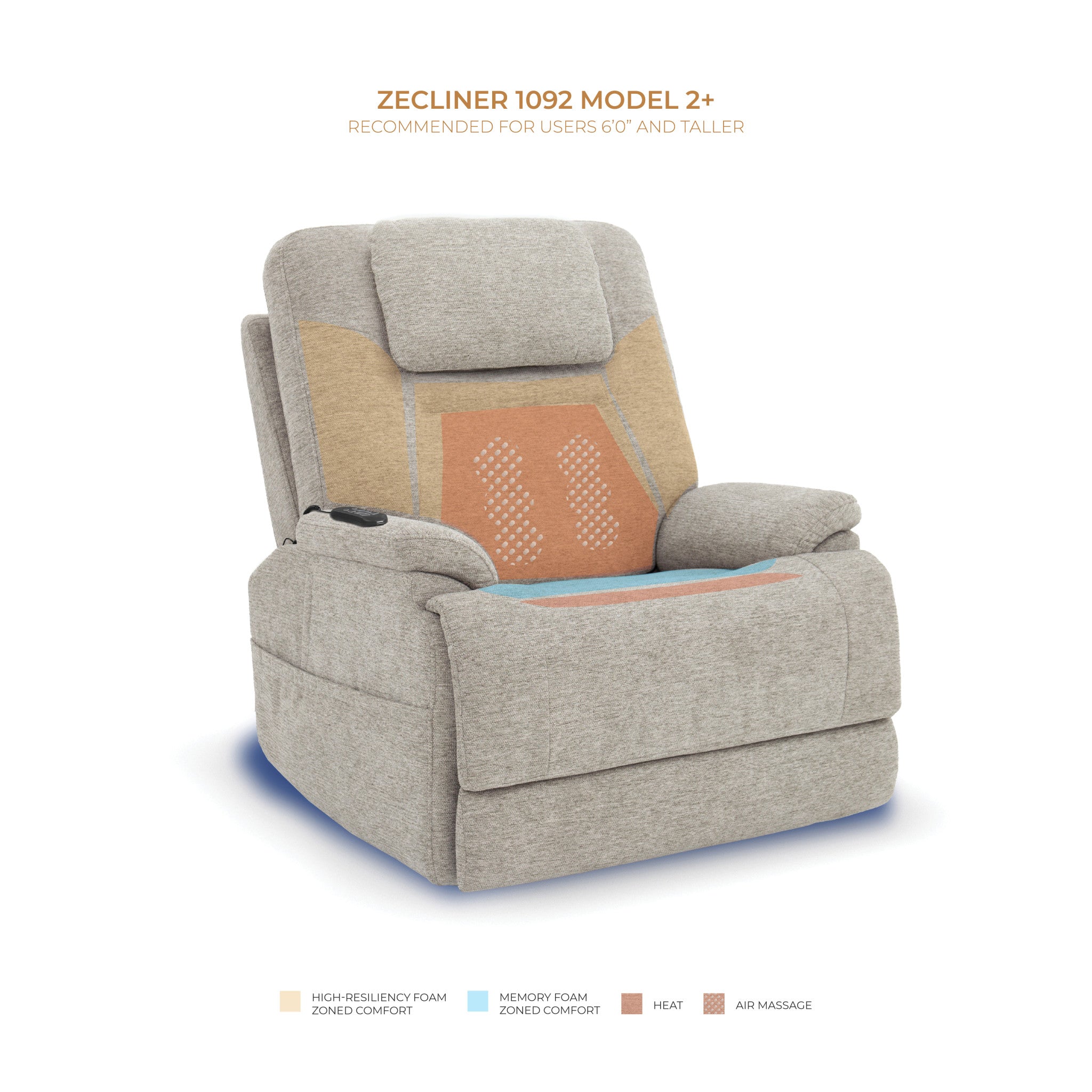 Zecliner Model 2+ Dove Fabric Power Lift Recliner with Power Headrest, Lumbar, Heat & Massage