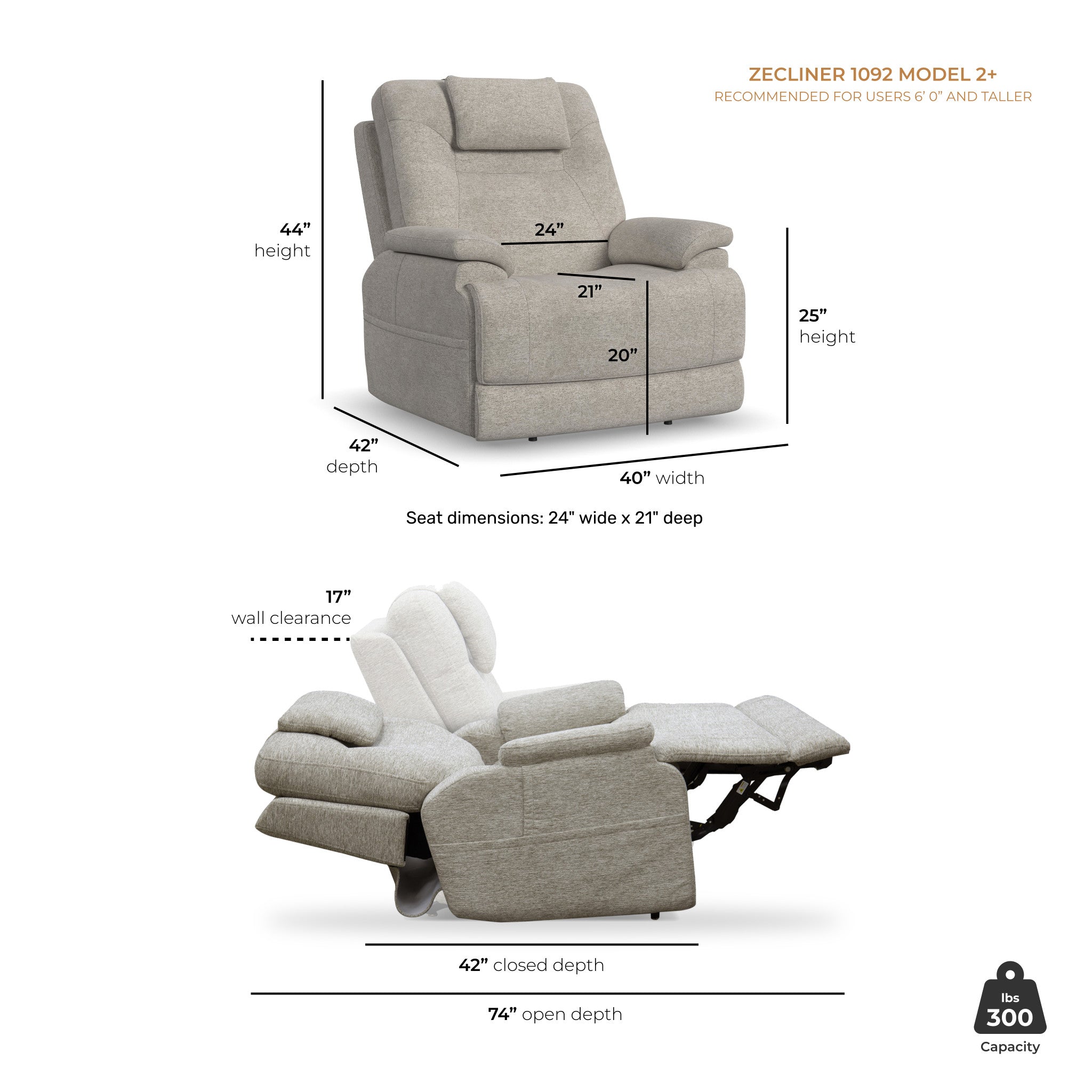 Zecliner Model 2+ Dove Fabric Power Lift Recliner with Power Headrest, Lumbar, Heat & Massage