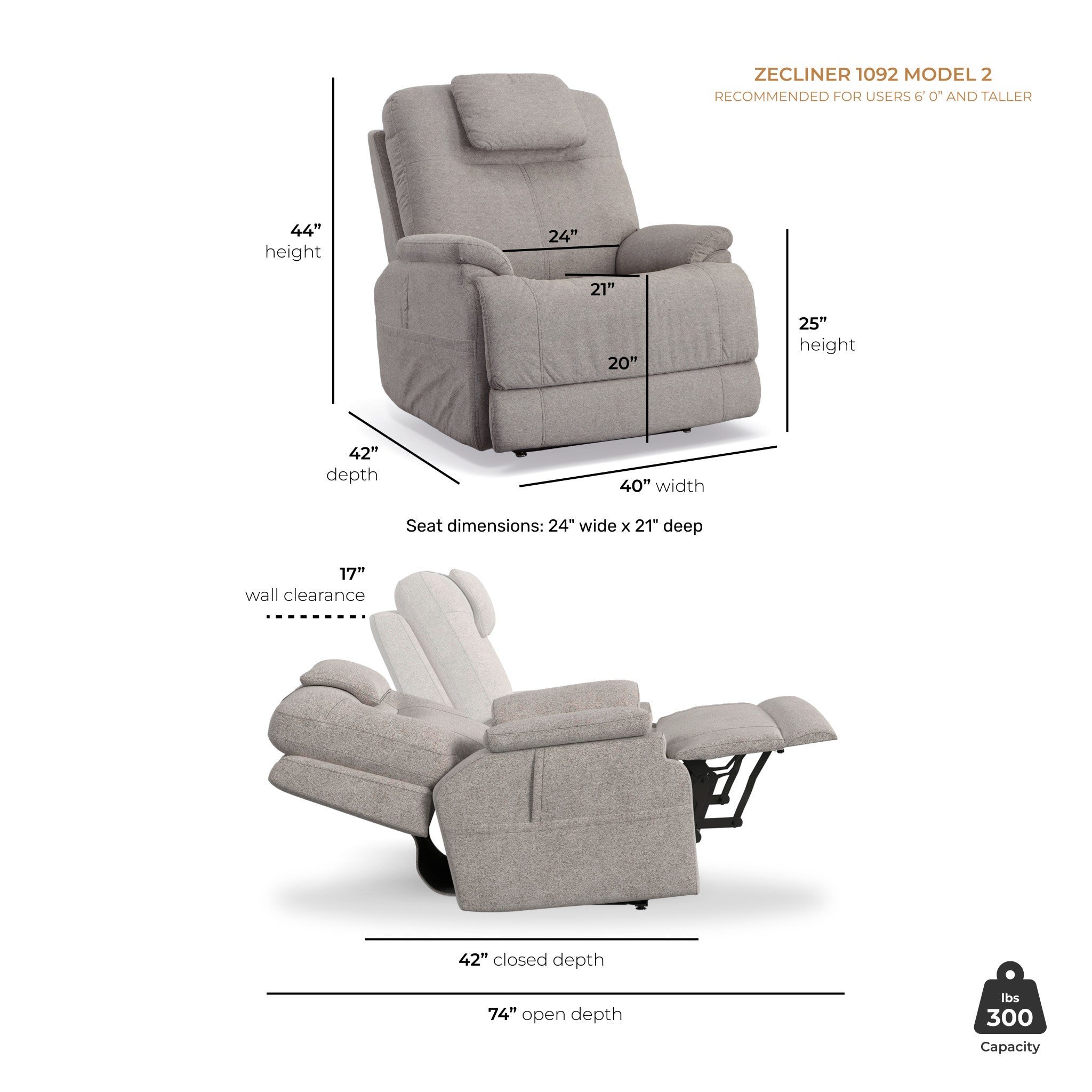 Zecliner Model 2 Dove Fabric Power Lift Sleep Chair