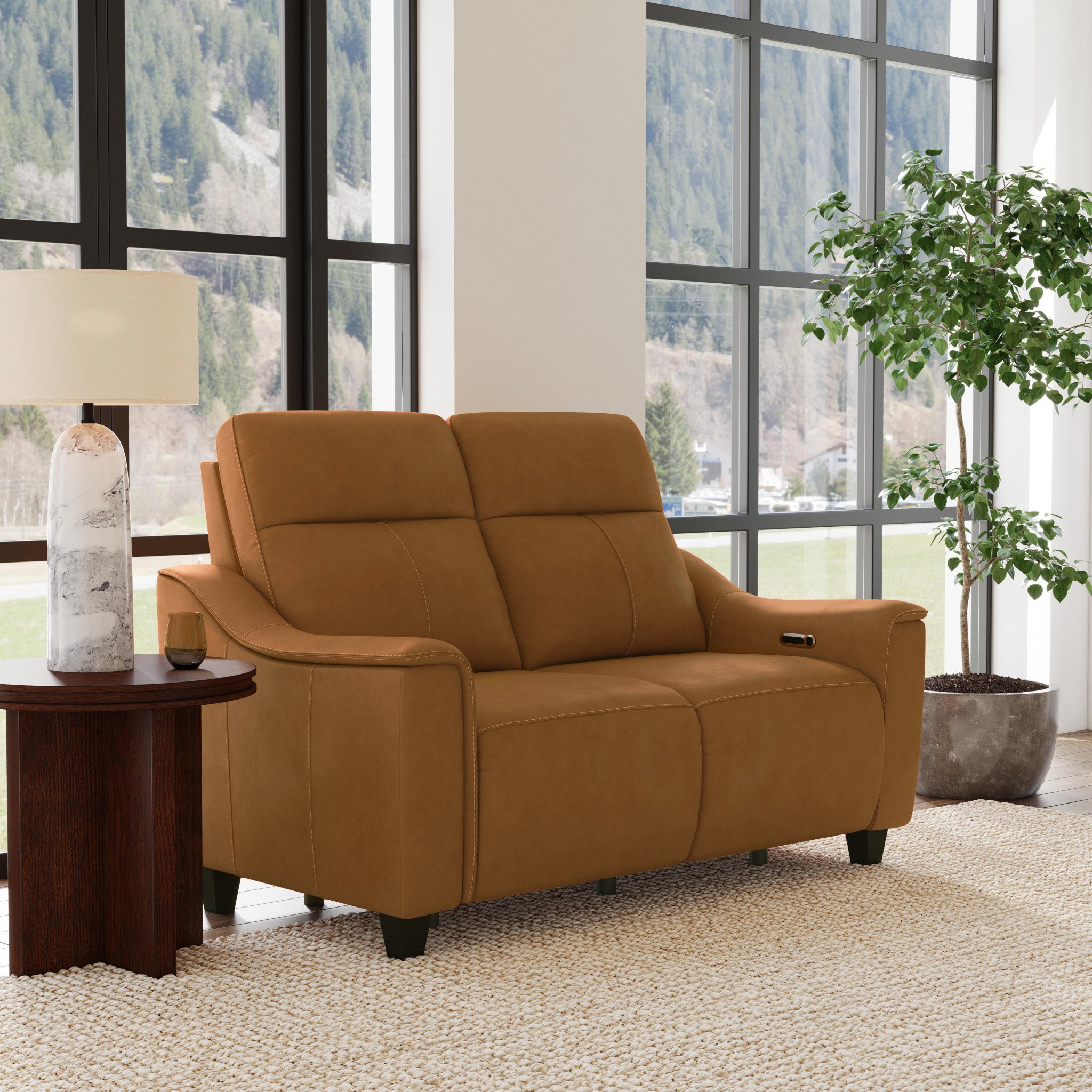 Walter Honey Leather Power Reclining Loveseat with Power Headrests