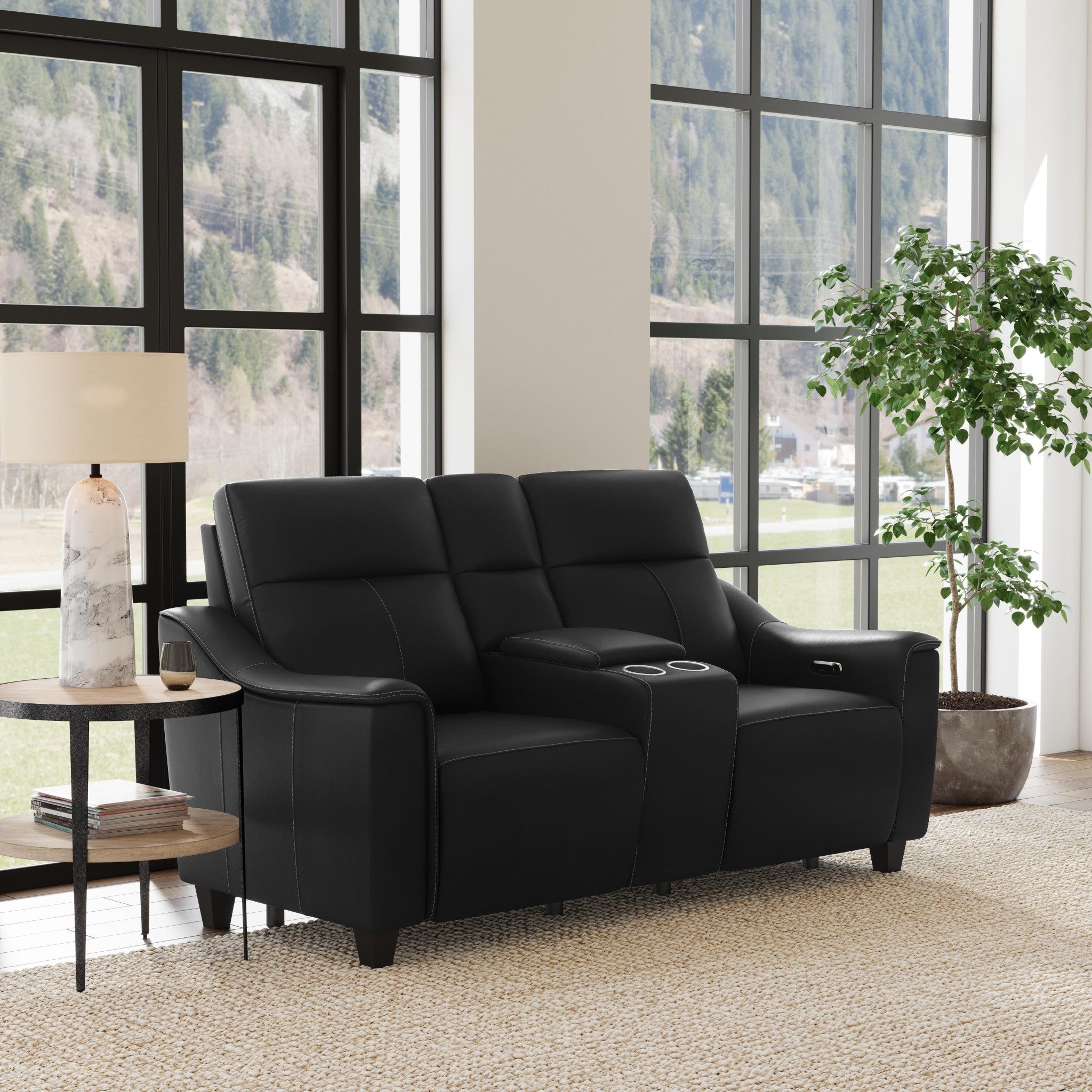 Walter Coal Leather Power Reclining Loveseat with Console & Power Headrests