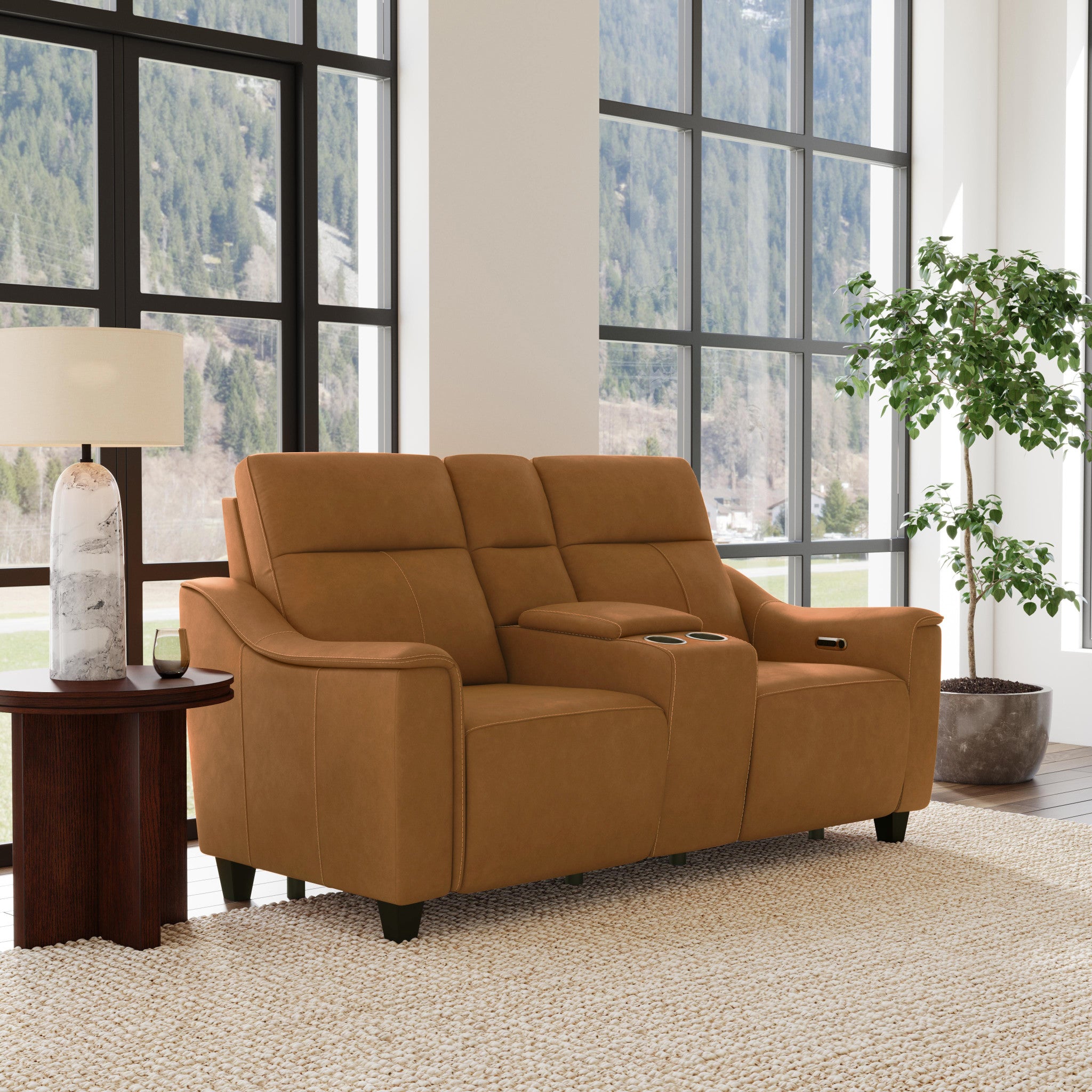 Walter Honey Leather Power Reclining Loveseat with Console & Power Headrests