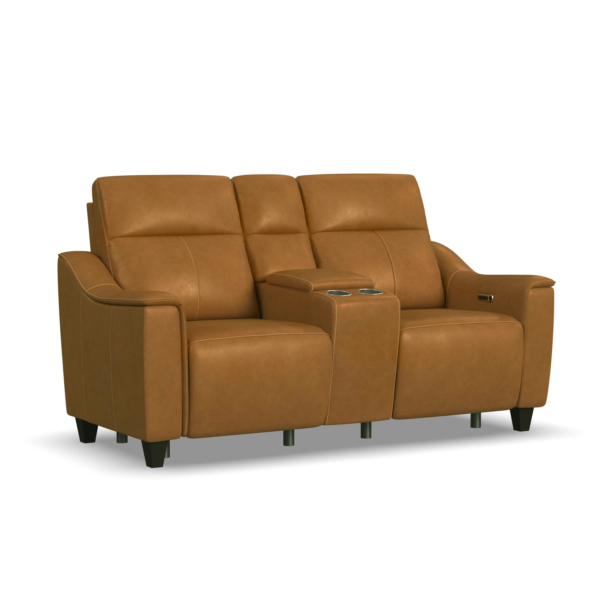 Walter Honey Leather Power Reclining Loveseat with Console & Power Headrests