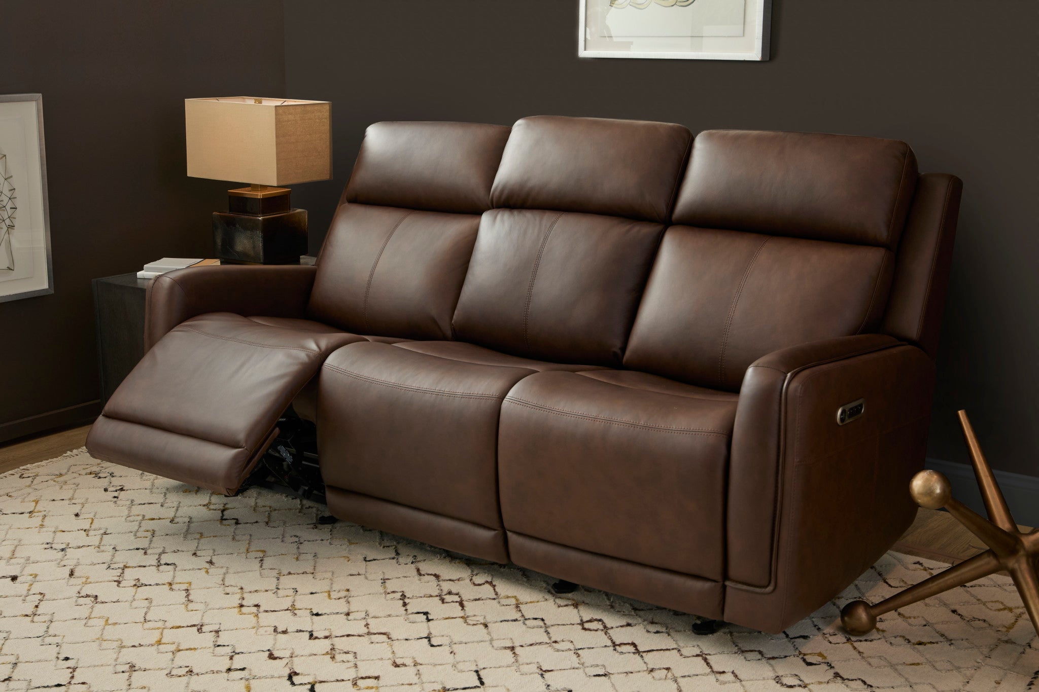 Alister Burnt Umber Leather Power Gliding Sofa with Power Headrests & Lumbar