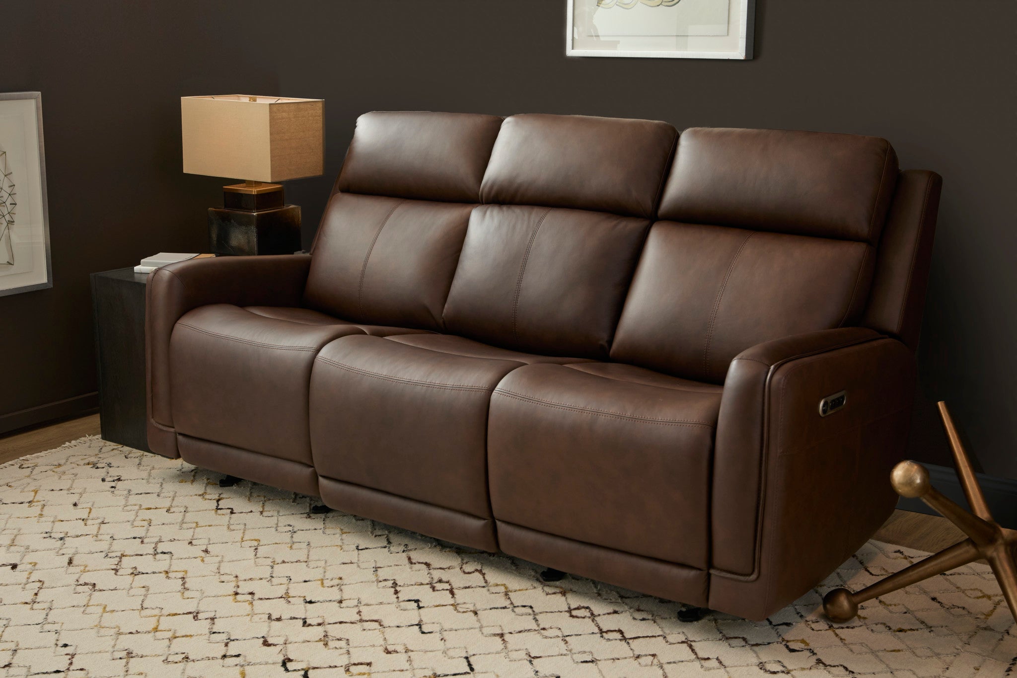 Alister Burnt Umber Leather Power Gliding Sofa with Power Headrests & Lumbar