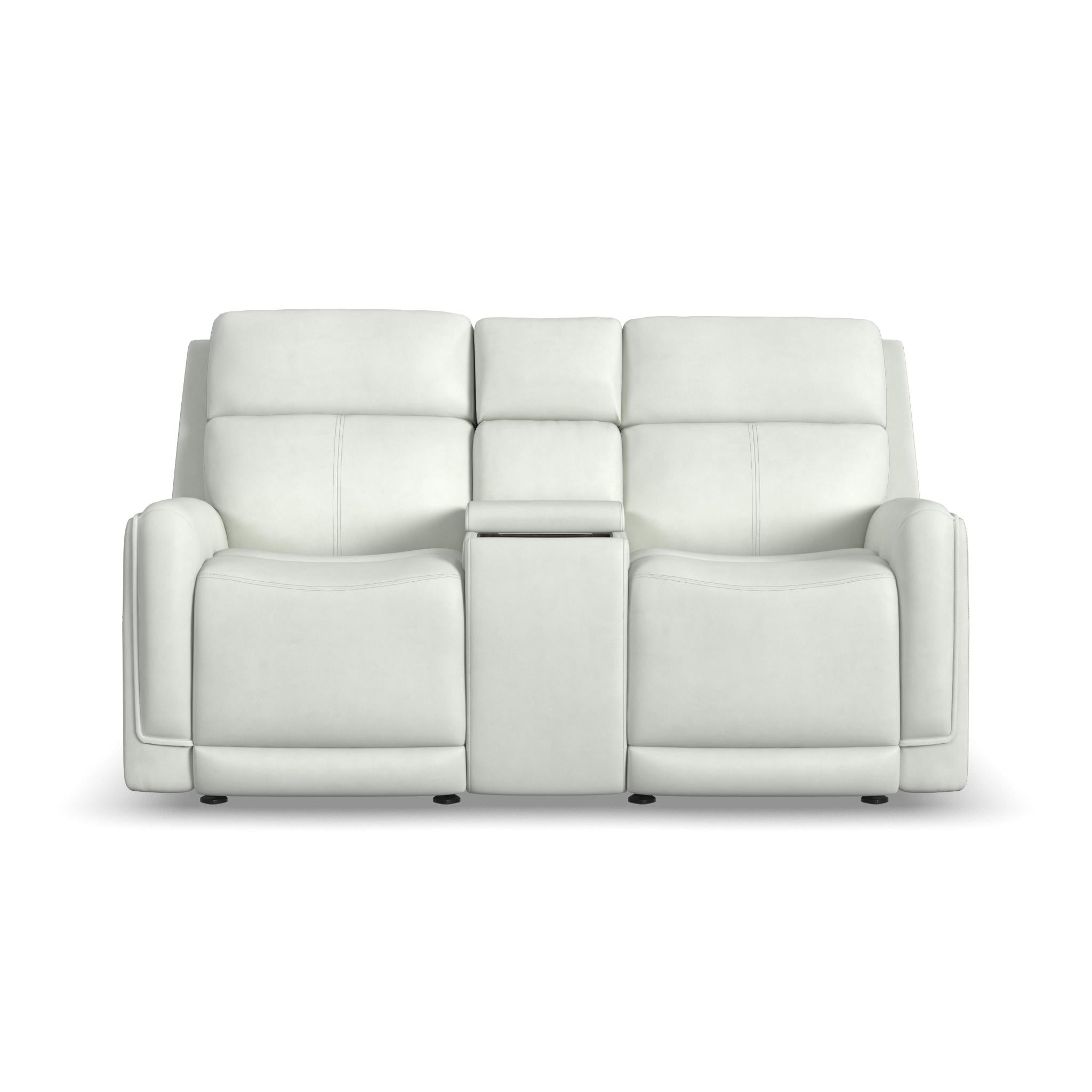 Alister Porcelain Leather Power Gliding Loveseat with Console, Power Headrests & Lumbar