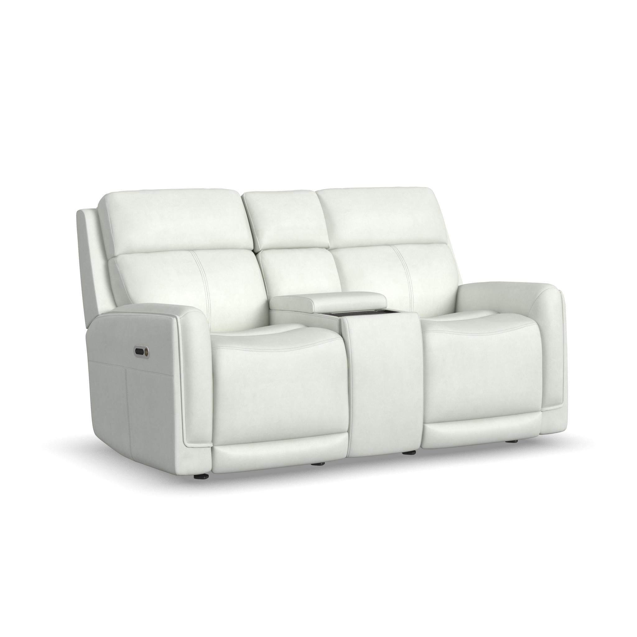 Alister Porcelain Leather Power Gliding Loveseat with Console, Power Headrests & Lumbar