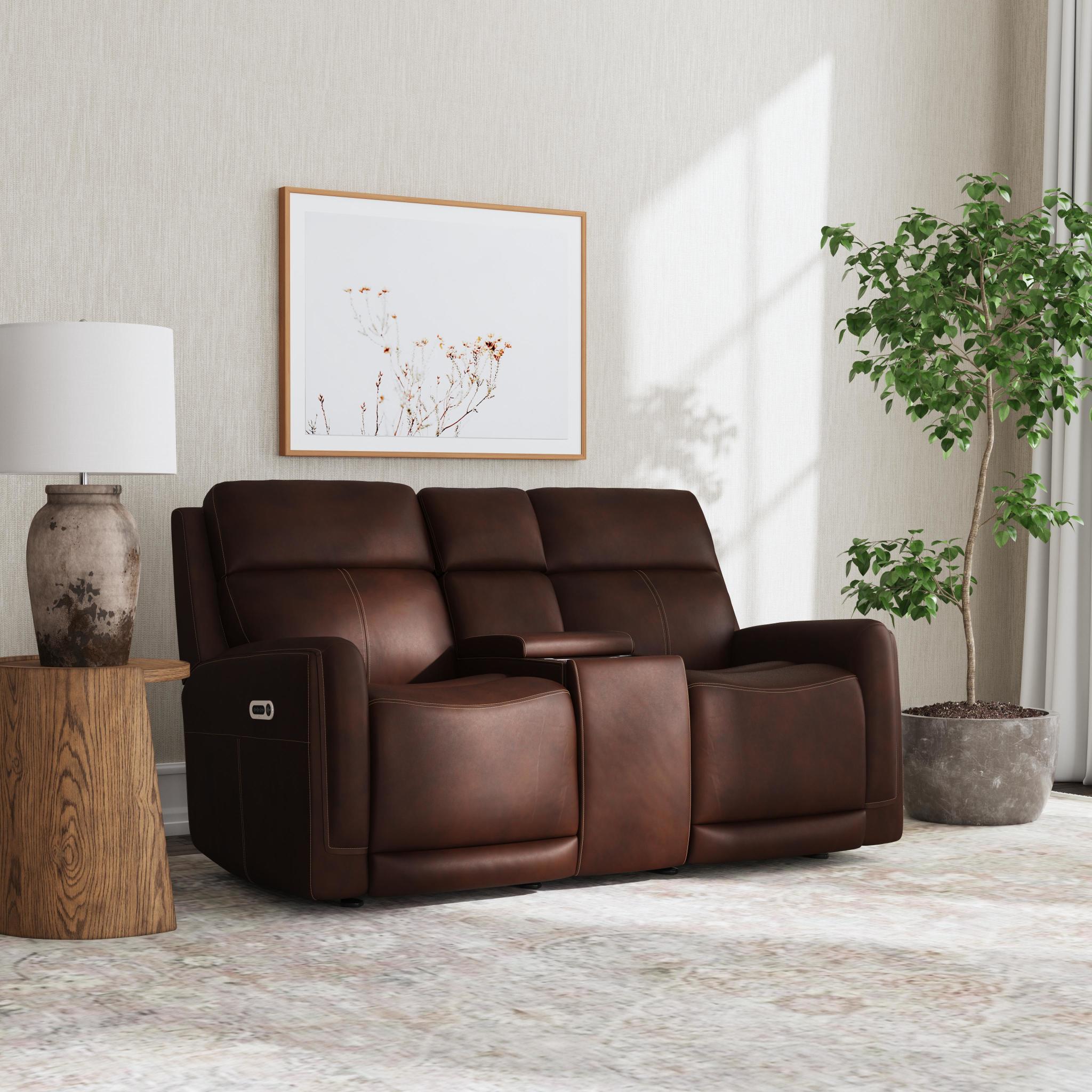 Alister Burnt Umber Leather Power Gliding Loveseat with Console, Power Headrests & Lumbar