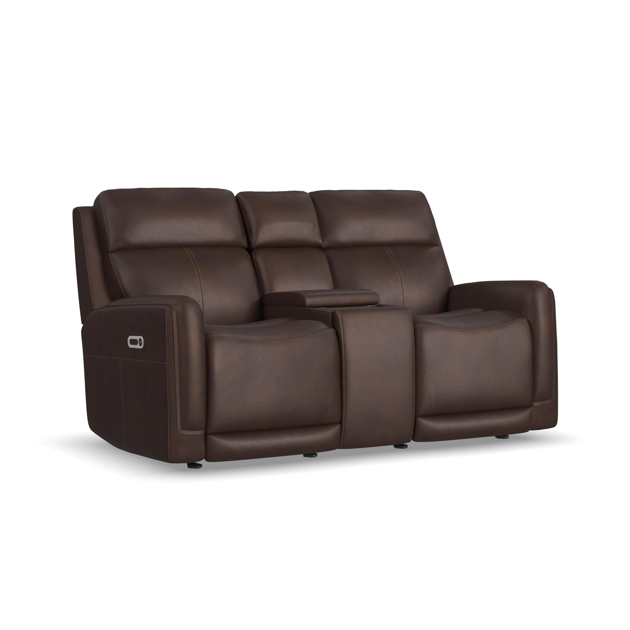 Alister Burnt Umber Leather Power Gliding Loveseat with Console, Power Headrests & Lumbar