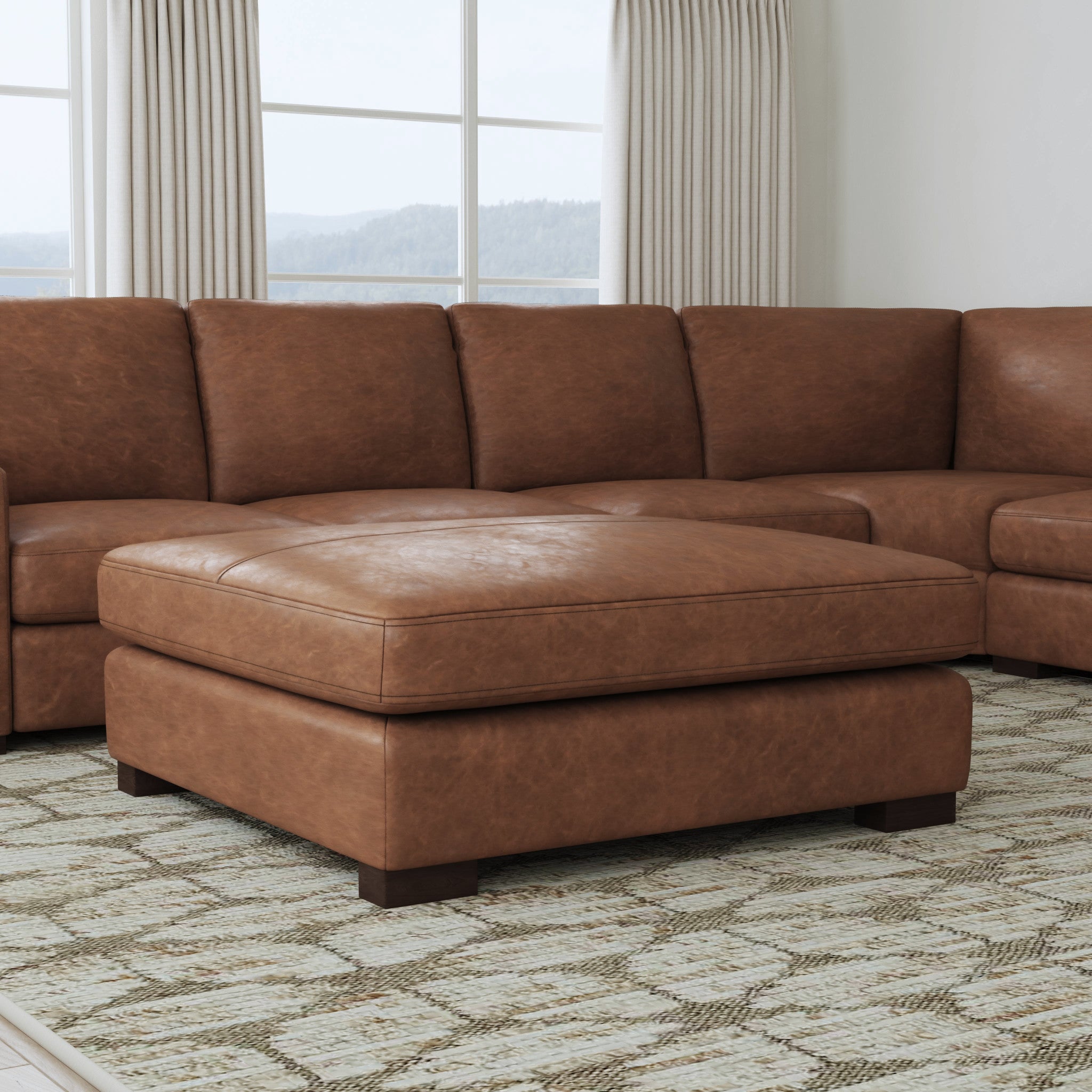 Endurance Chestnut Leather Square Cocktail Ottoman