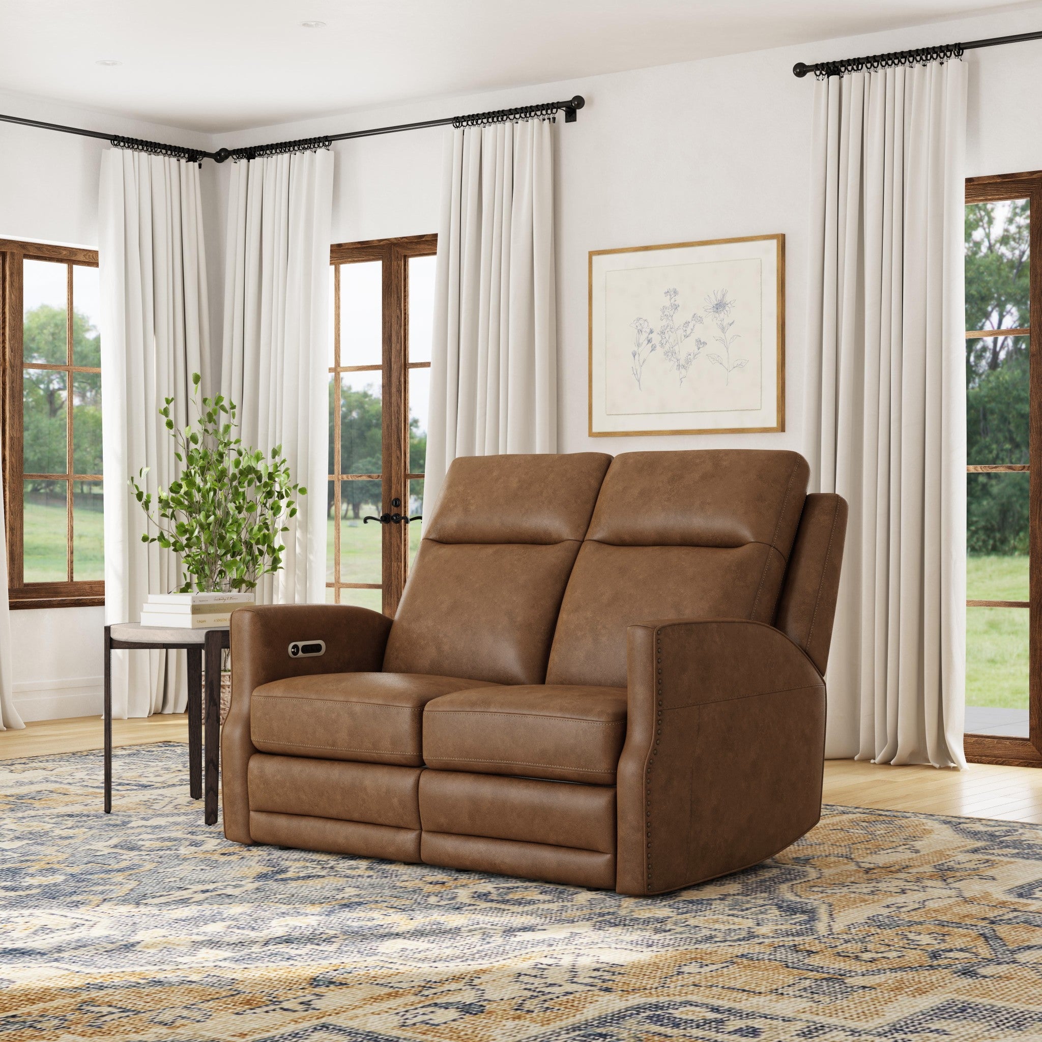 Maxwell Cedar Leather Power Reclining Loveseat with Power Headrests and Lumbar