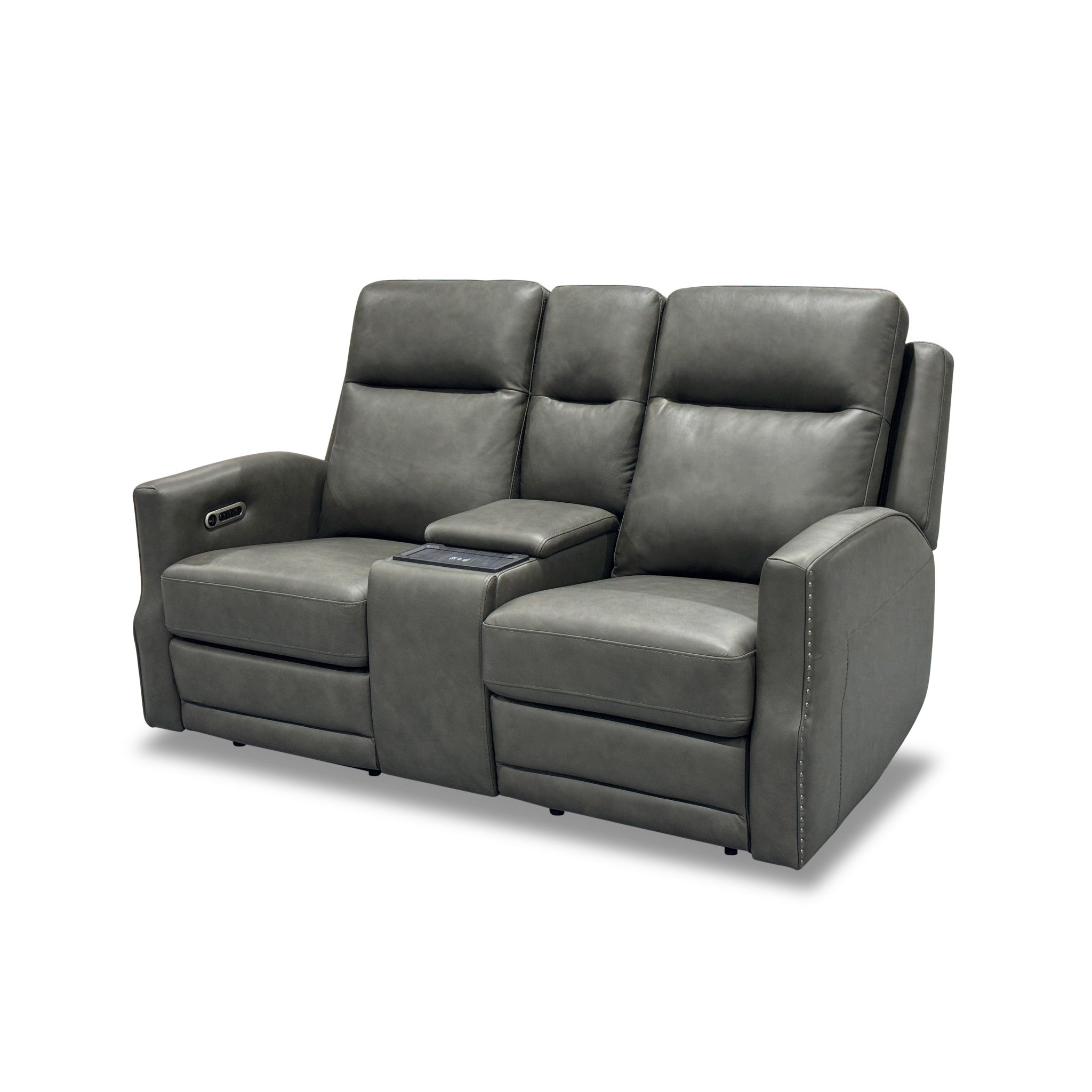 Maxwell Cinder Leather Power Reclining Loveseat with Console, Power Headrests and Lumbar