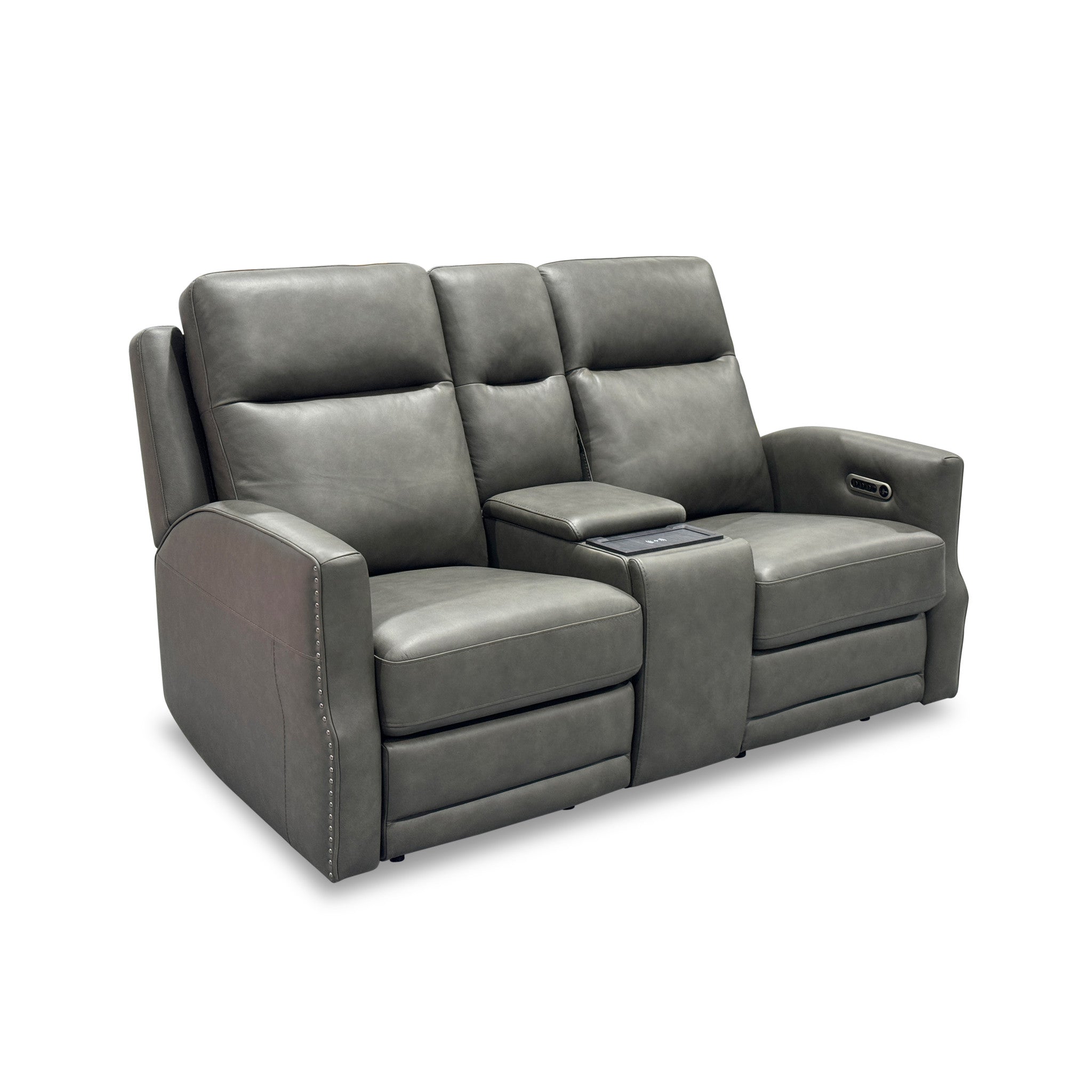 Maxwell Cinder Leather Power Reclining Loveseat with Console, Power Headrests and Lumbar