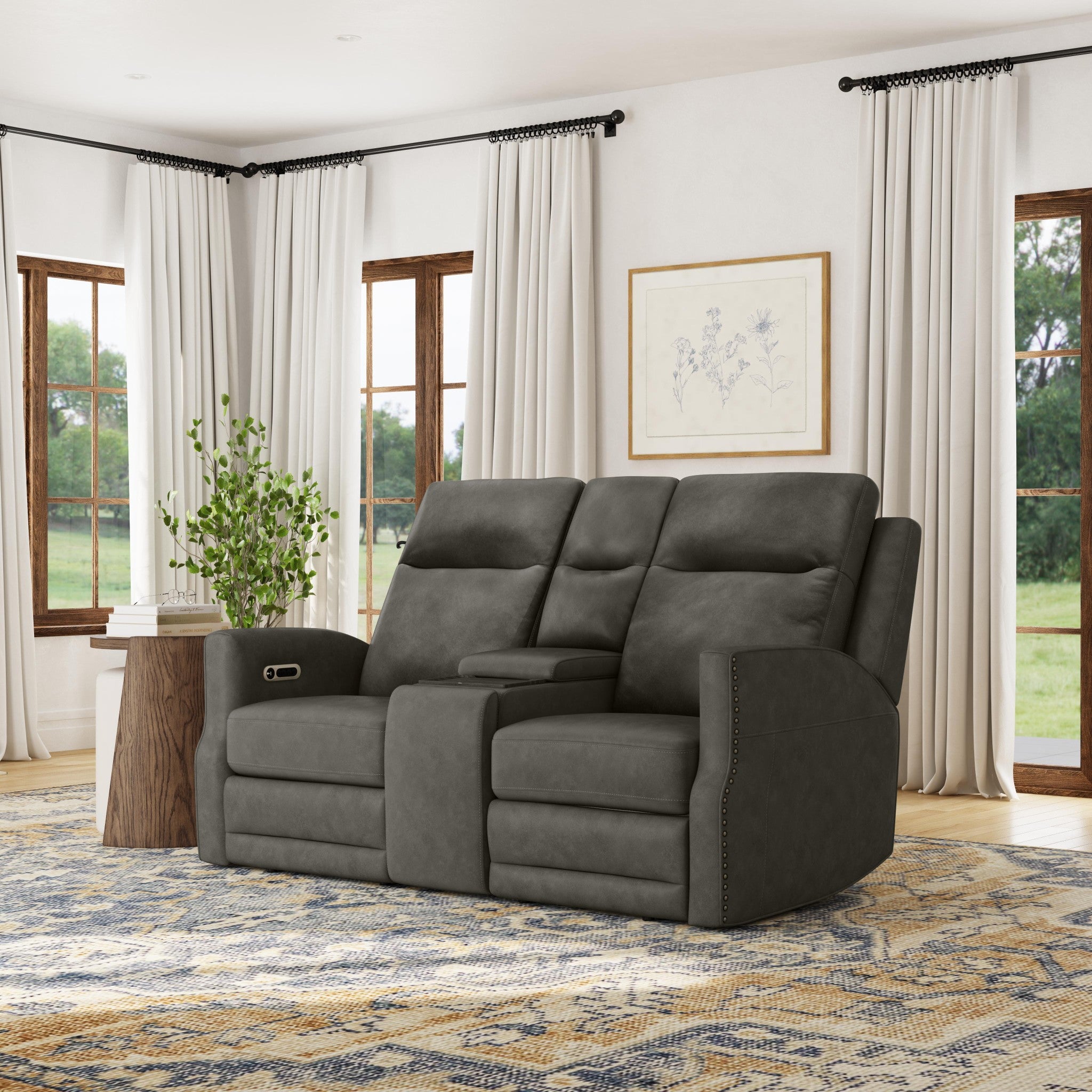 Maxwell Cinder Leather Power Reclining Loveseat with Console, Power Headrests and Lumbar