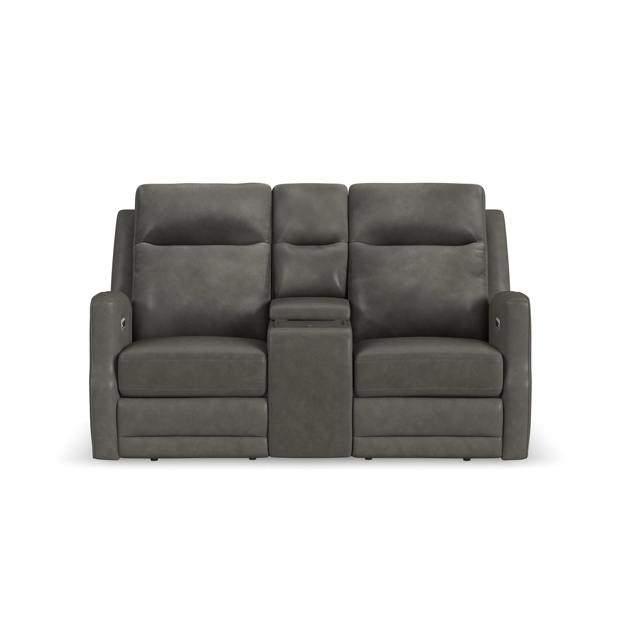 Maxwell Cinder Leather Power Reclining Loveseat with Console, Power Headrests and Lumbar