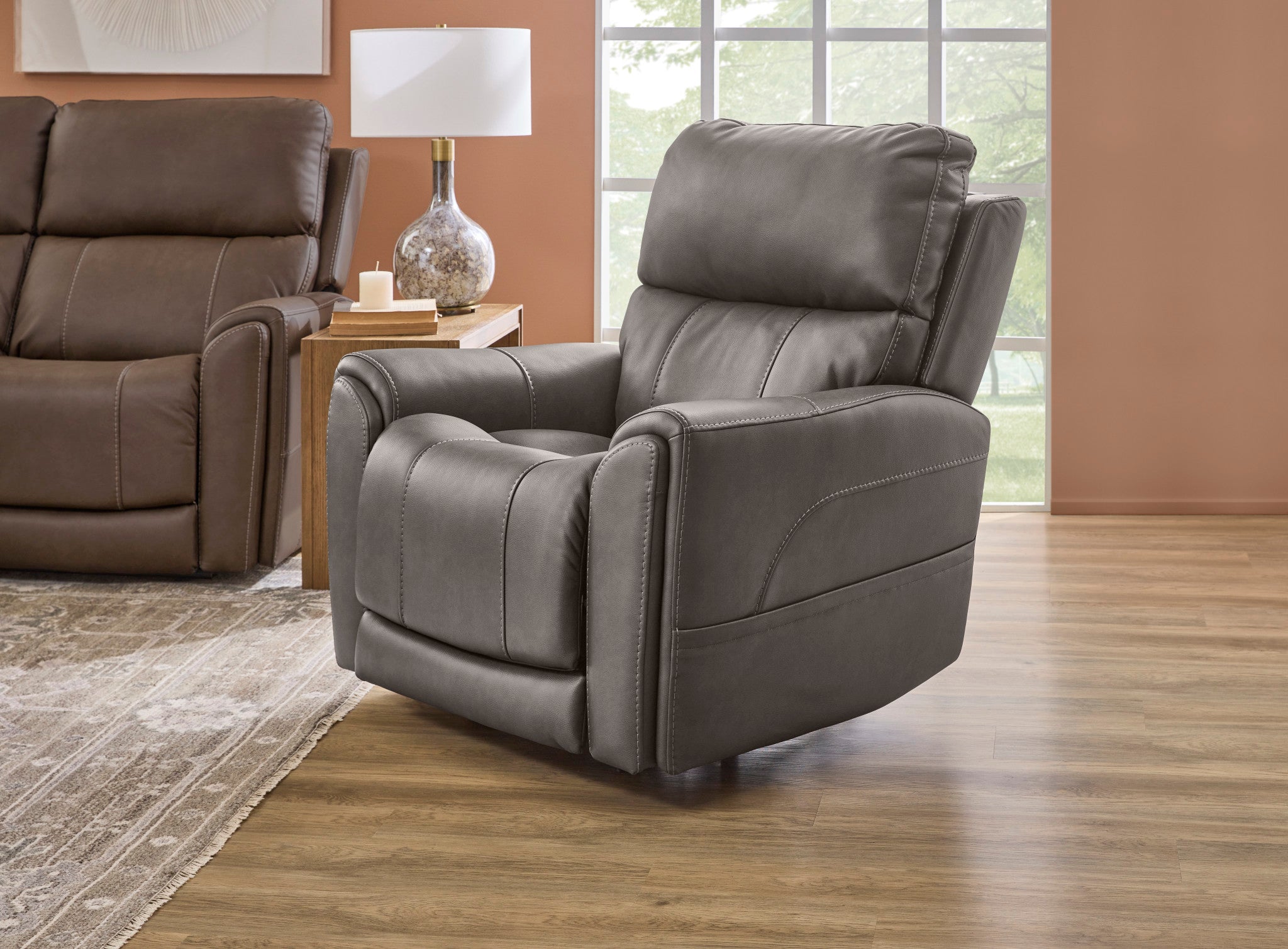 Carter Smoke Fabric Power Lift Recliner with Power Headrest, Lumbar, Heat & Massage