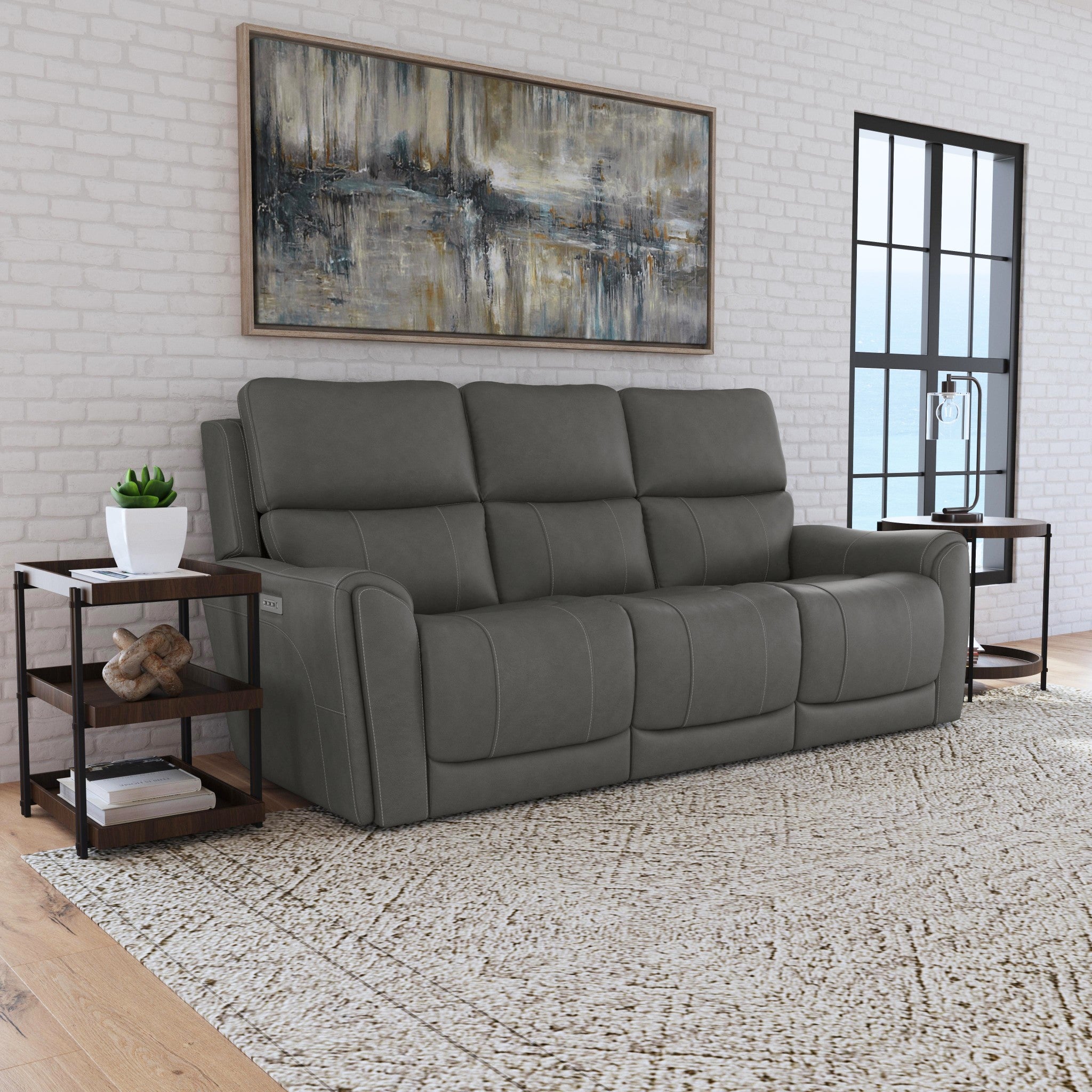 Carter Smoke Fabric Power Reclining Sofa with Console & Power Headrests & Lumbar