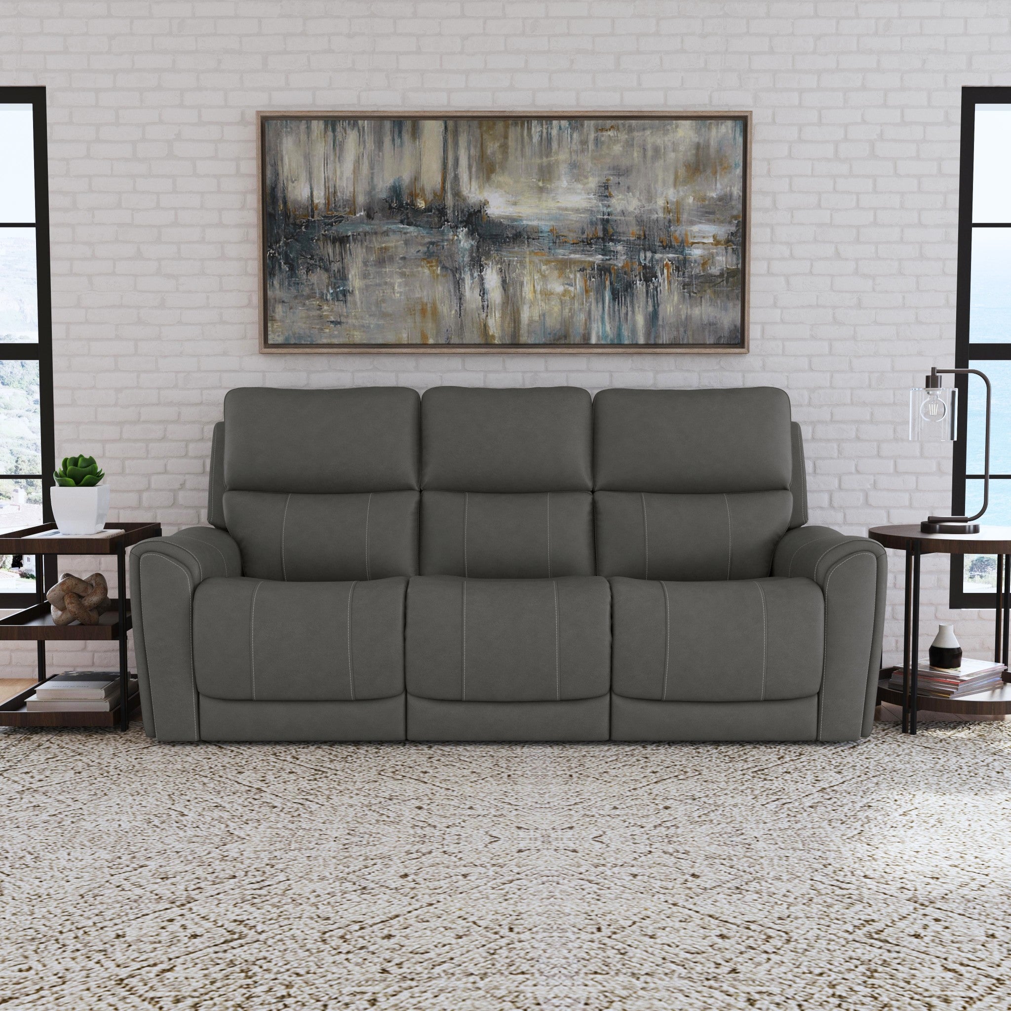 Carter Smoke Fabric Power Reclining Sofa with Console & Power Headrests & Lumbar