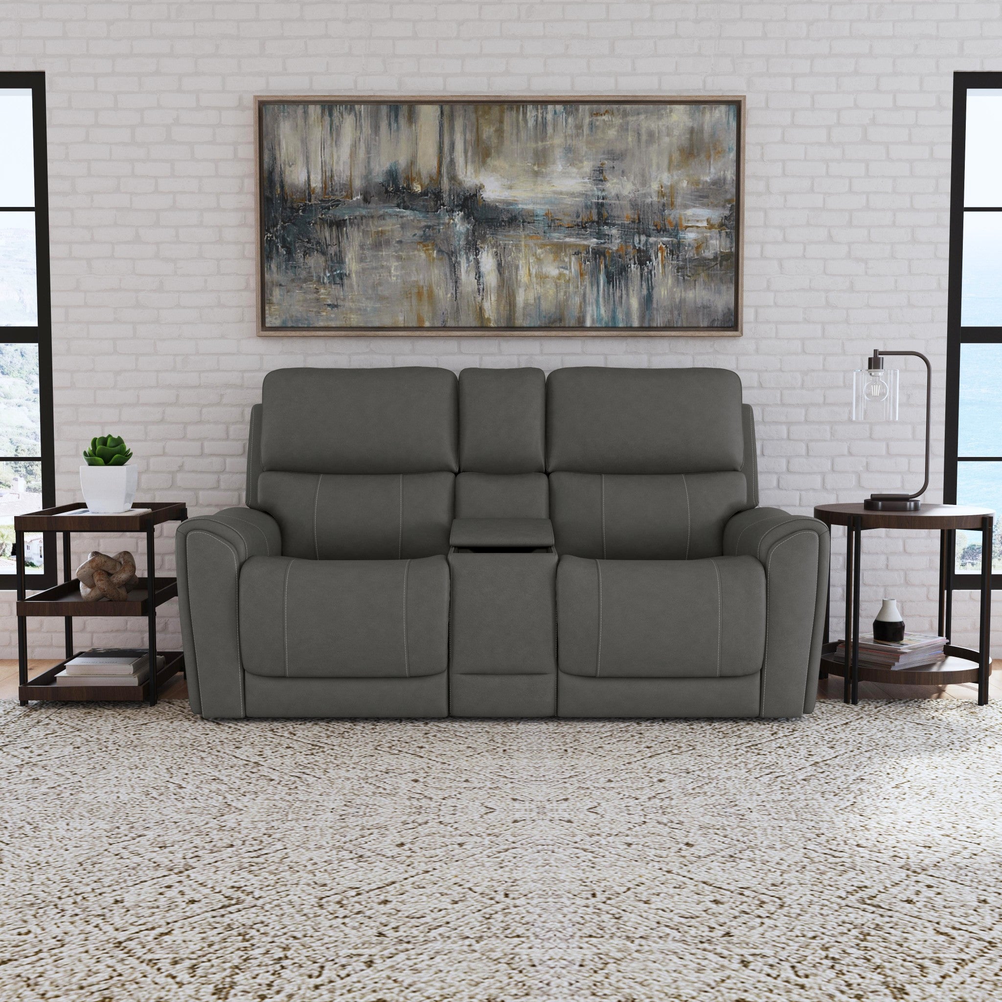 Carter Smoke Fabric Power Reclining Loveseat with Console & Power Headrests & Lumbar