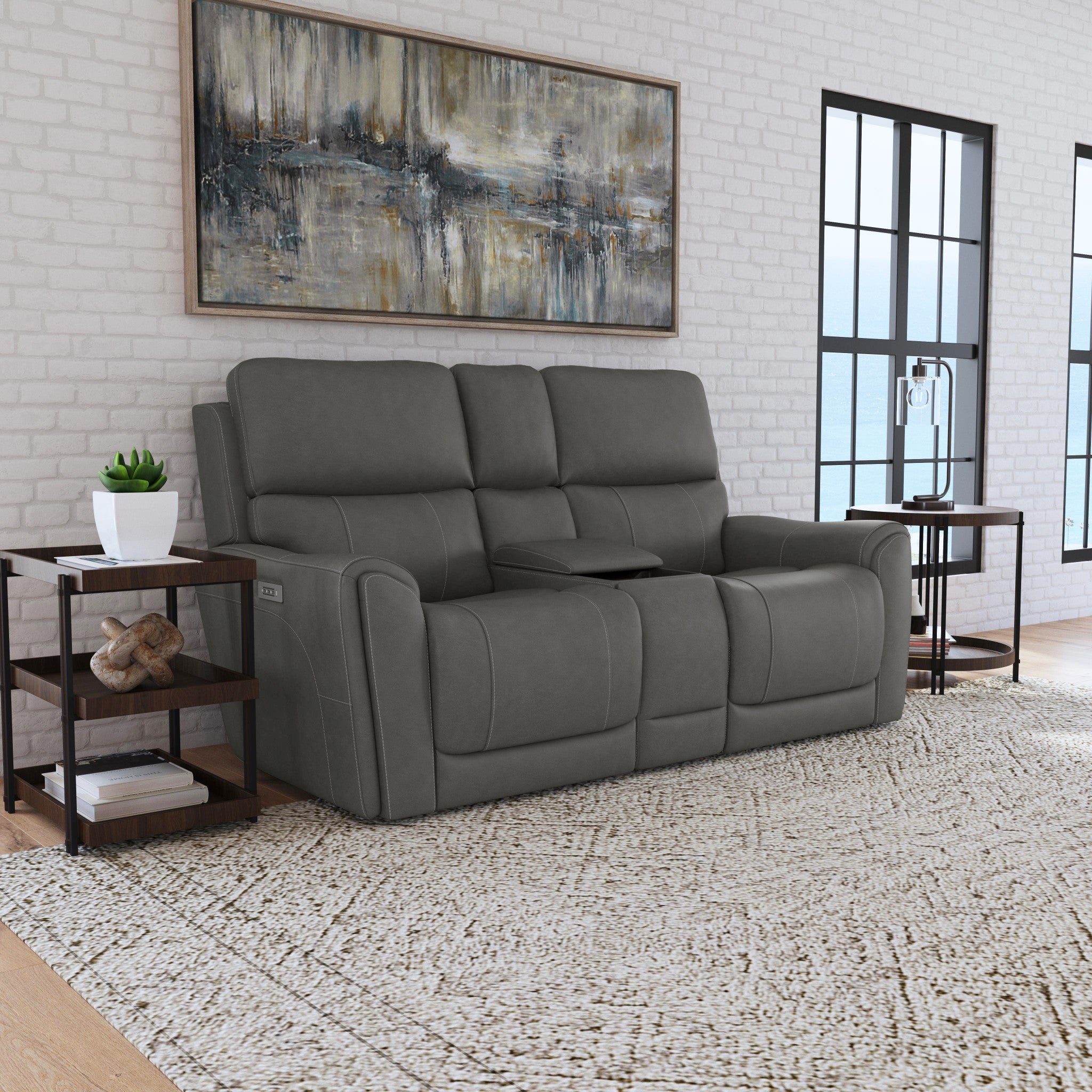 Carter Smoke Fabric Power Reclining Loveseat with Console & Power Headrests & Lumbar