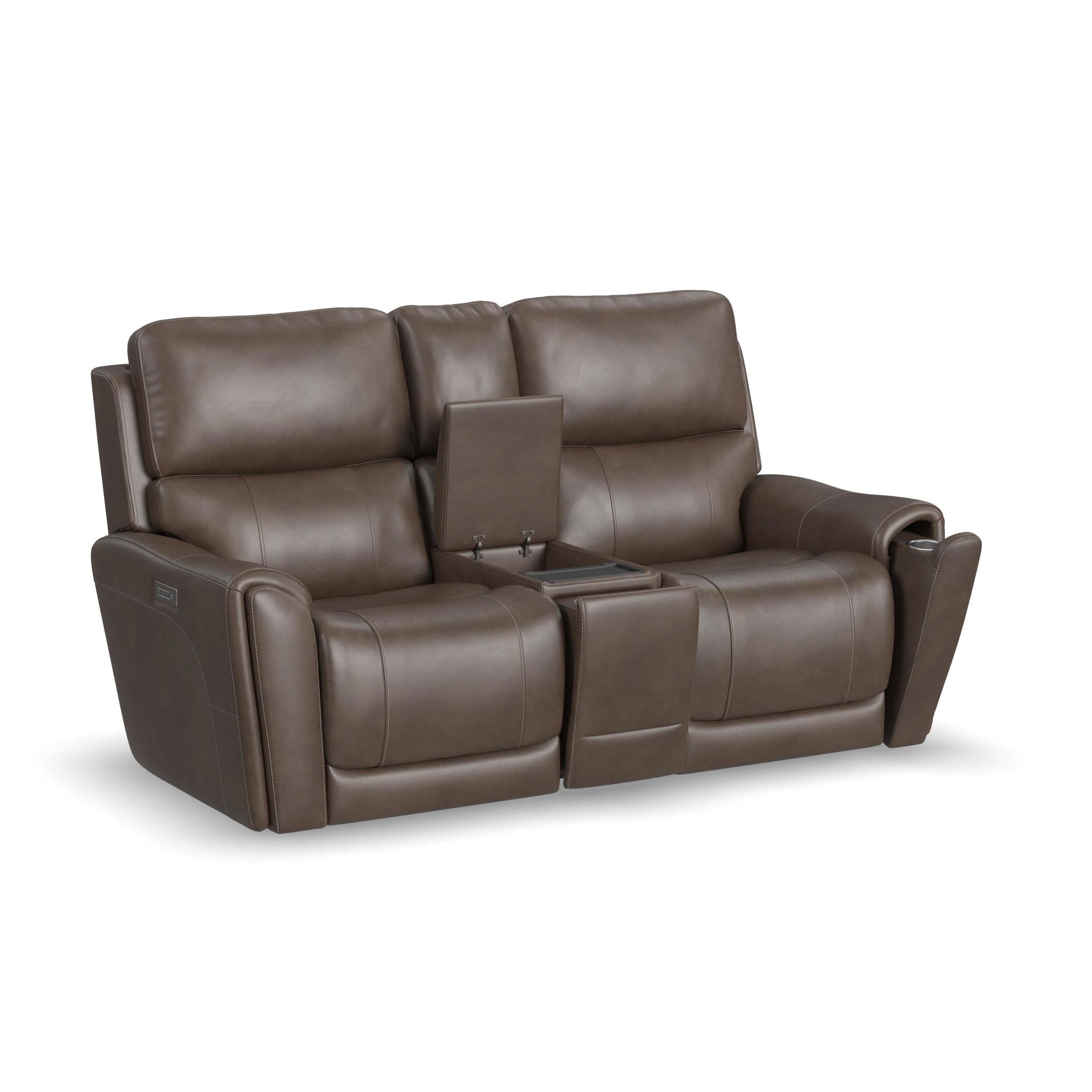 Carter Cappuccino Fabric Power Reclining Loveseat with Console & Power Headrests & Lumbar