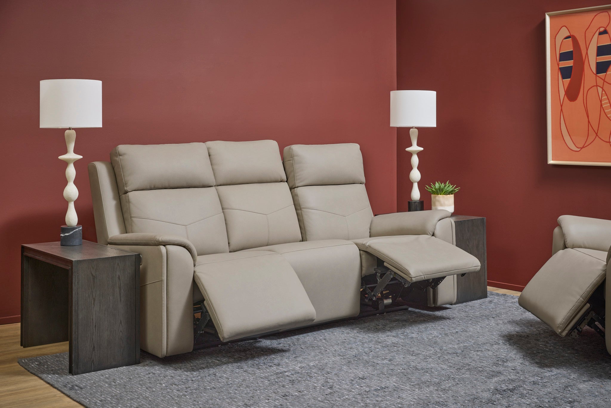 Vernon Dove Grey Fabric Power Reclining Loveseat with Console, Power Headrests, Lumbar, Heat & Massage