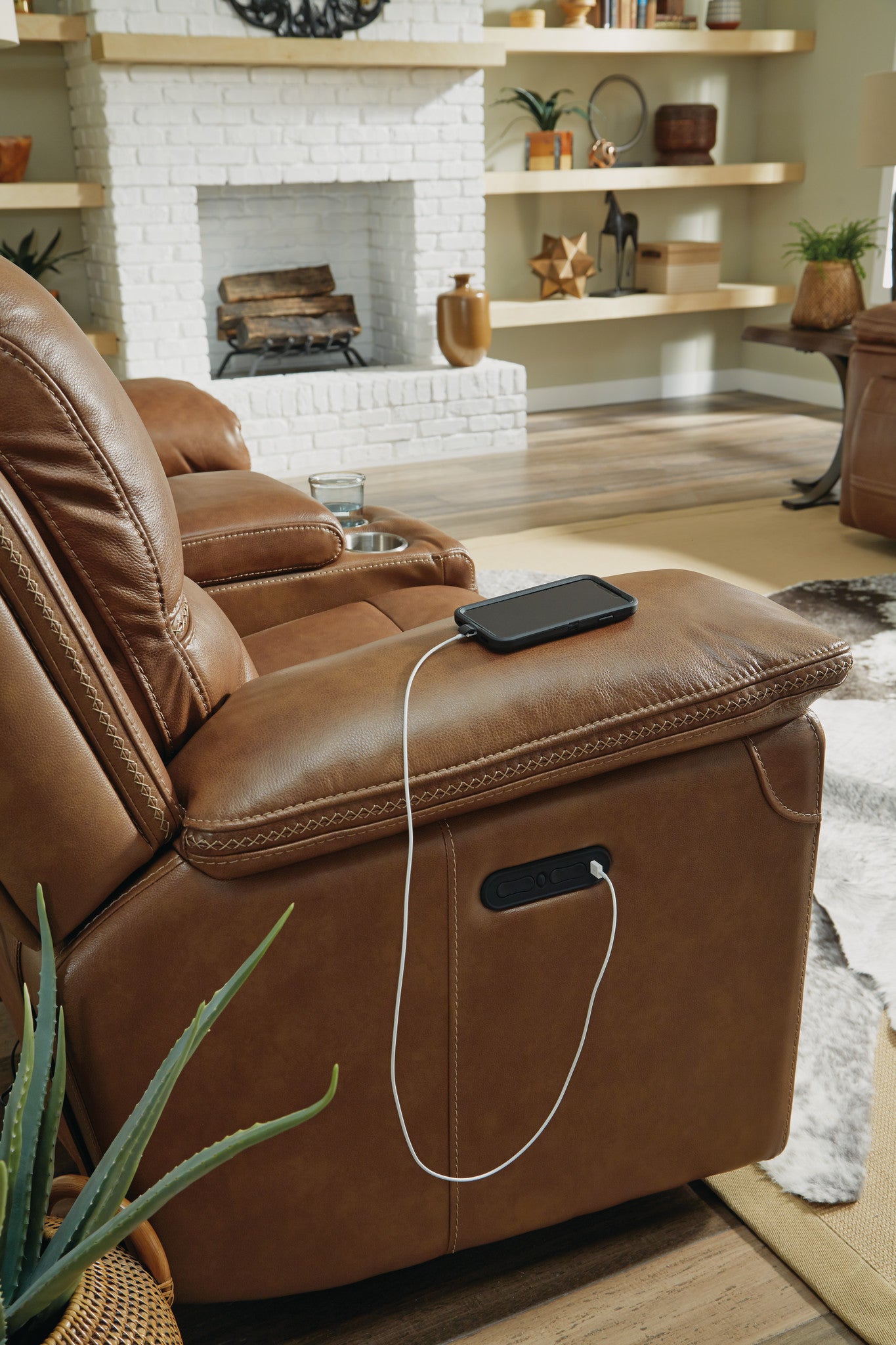 Fenwick Cognac Leather Power Reclining Loveseat with Console & Power Headrests