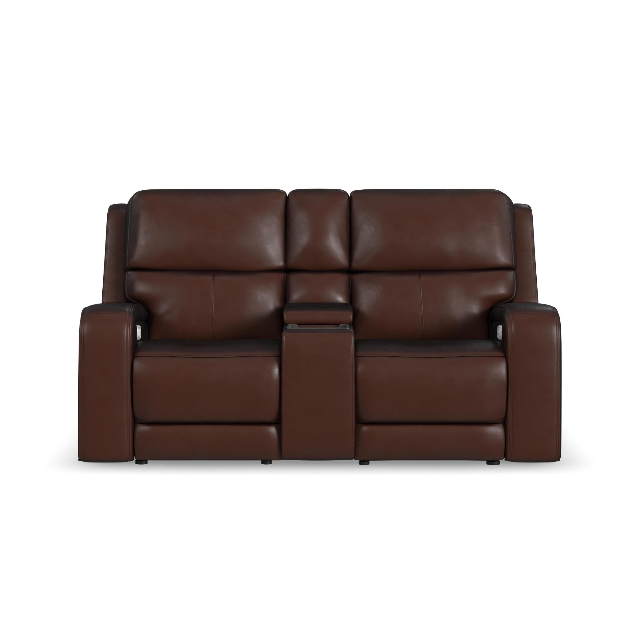 Oasis Truffle Leather Power Reclining Loveseat with Console, Power Headrests, Lumbar, Heat & Massage