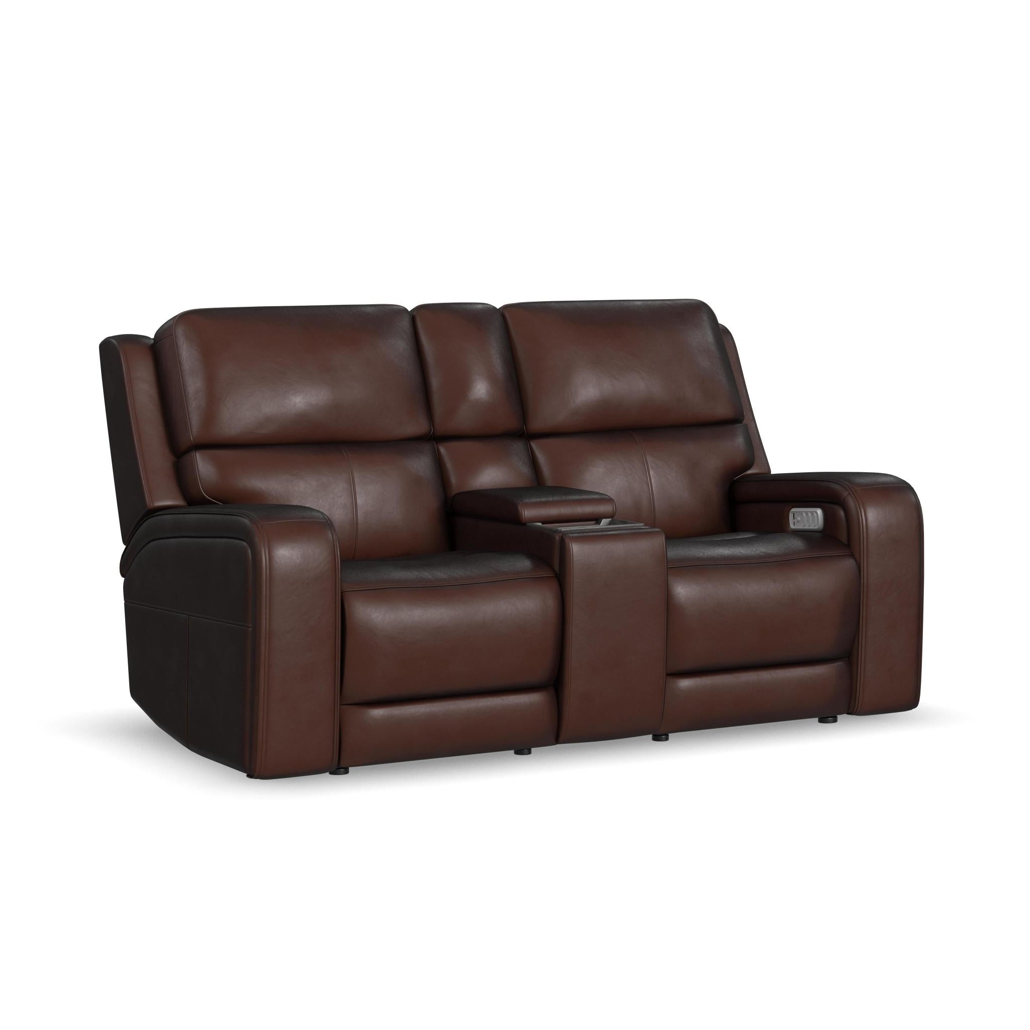 Oasis Truffle Leather Power Reclining Loveseat with Console, Power Headrests, Lumbar, Heat & Massage