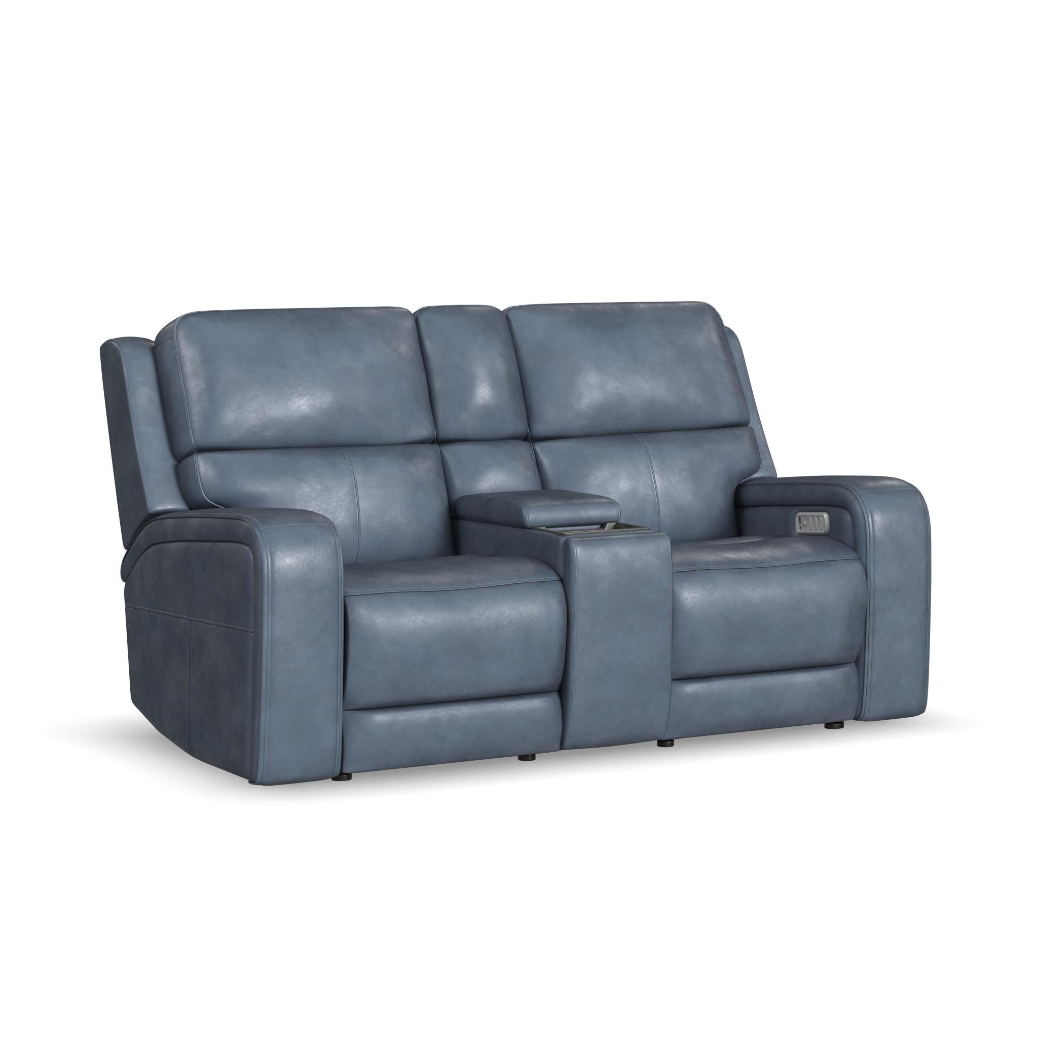 Oasis Storm Leather Power Reclining Loveseat with Console, Power Headrests, Lumbar, Heat & Massage