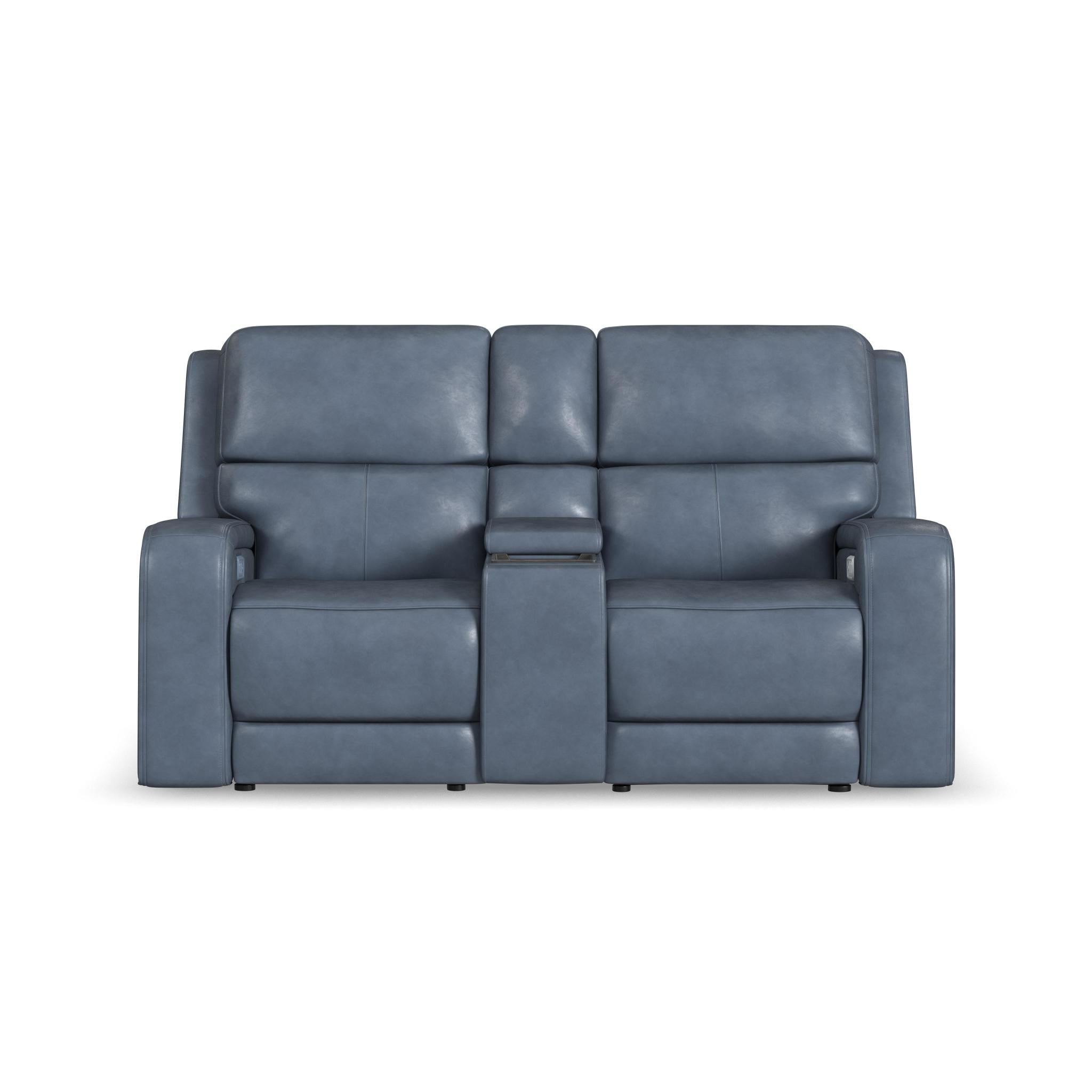 Oasis Storm Leather Power Reclining Loveseat with Console, Power Headrests, Lumbar, Heat & Massage