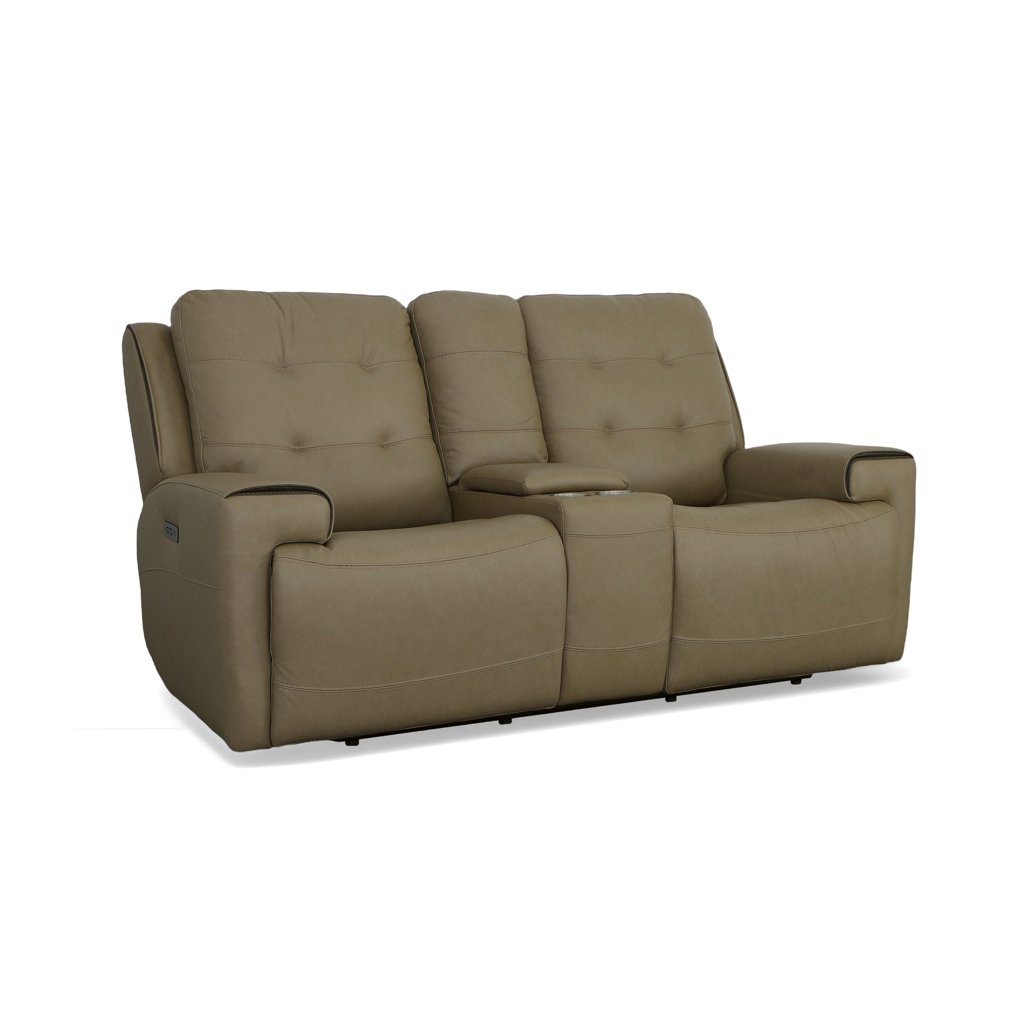 Iris Khaki Leather Power Reclining Loveseat with Console & Power Headrests