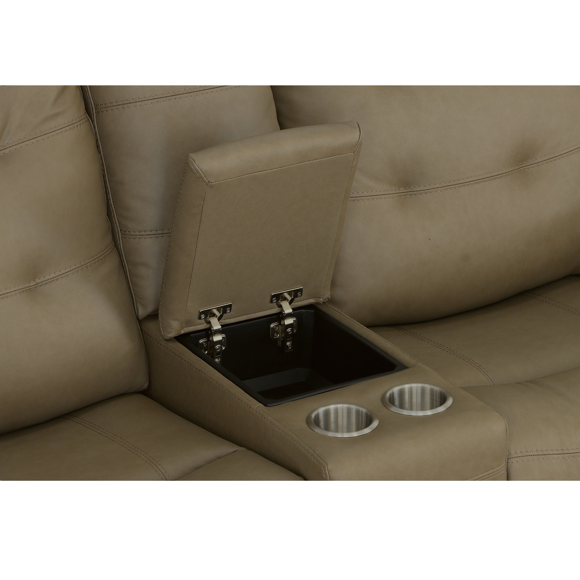 Iris Khaki Leather Power Reclining Loveseat with Console & Power Headrests