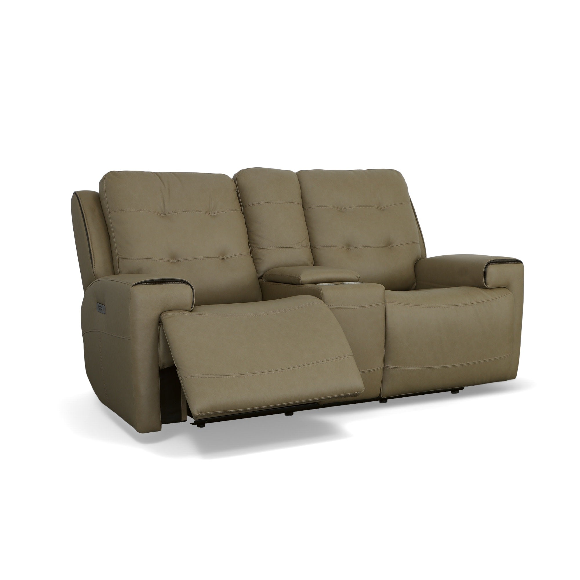 Iris Khaki Leather Power Reclining Loveseat with Console & Power Headrests