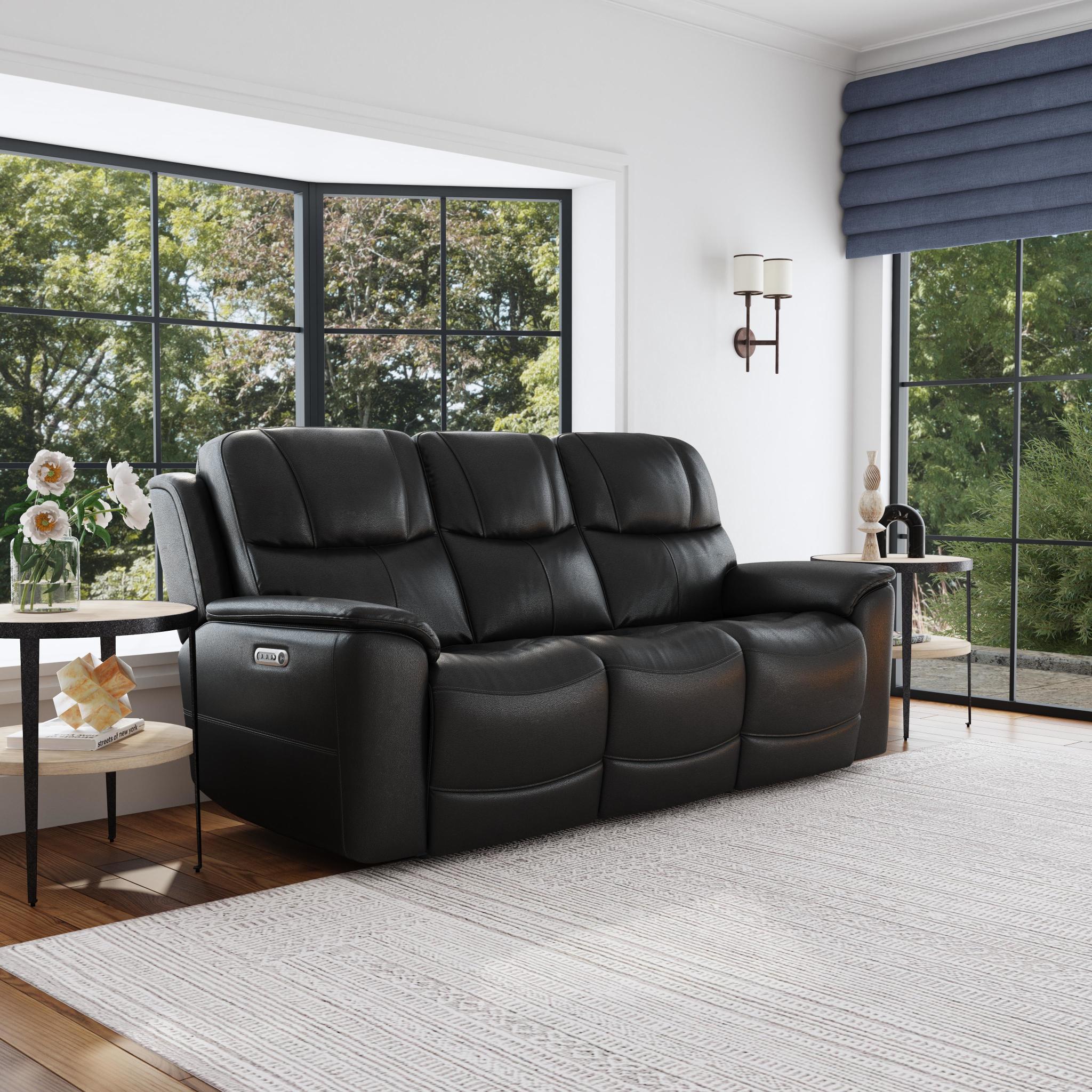 Crew Raven Leather Power Reclining Sofa with Power Headrests & Lumbar