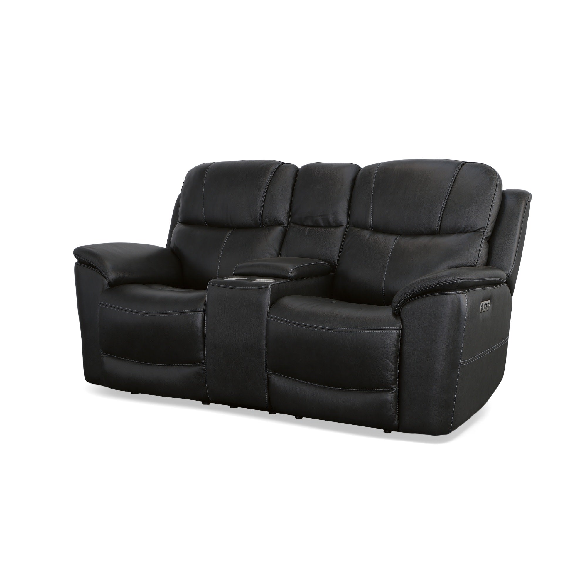 Crew Raven Leather Power Reclining Loveseat with Console, Power Headrests & Lumbar