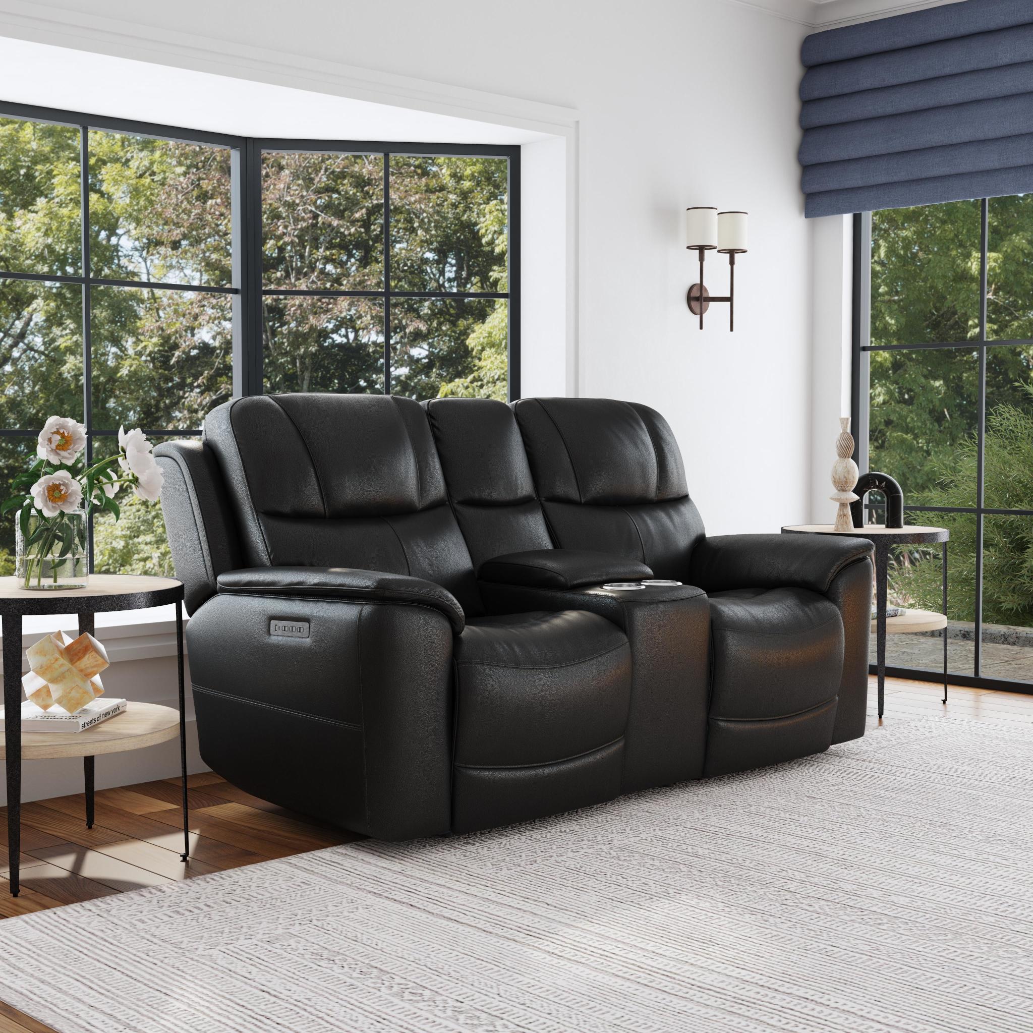 Crew Raven Leather Power Reclining Loveseat with Console, Power Headrests & Lumbar