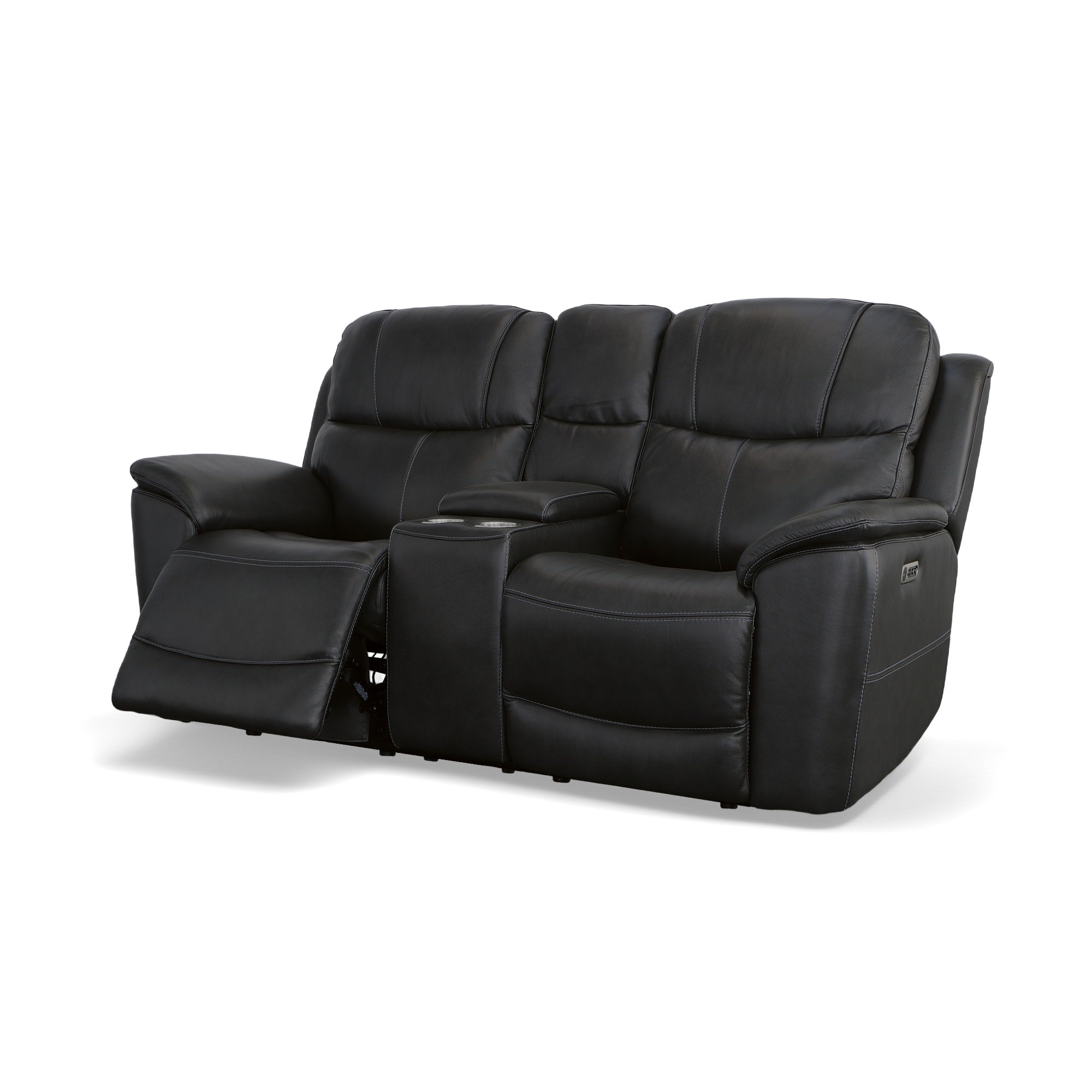 Crew Raven Leather Power Reclining Loveseat with Console, Power Headrests & Lumbar